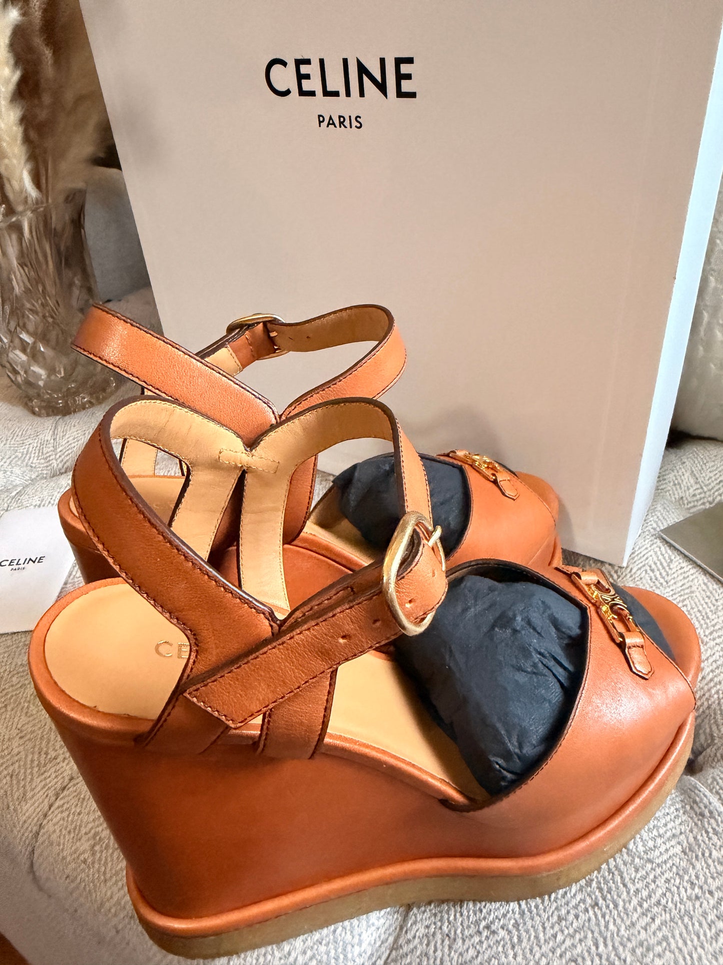 CELINE Triomphe Platform Leather Wedge Sandals