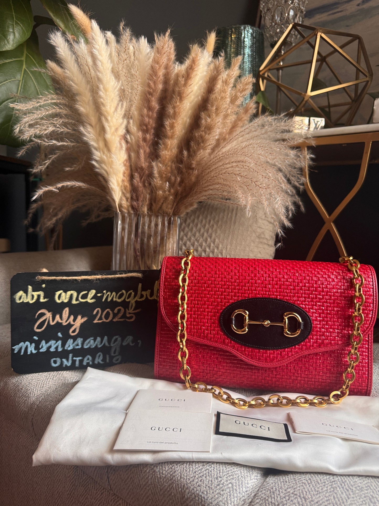 Gucci Horsebit 1955 Raffia Chain Bag in Red