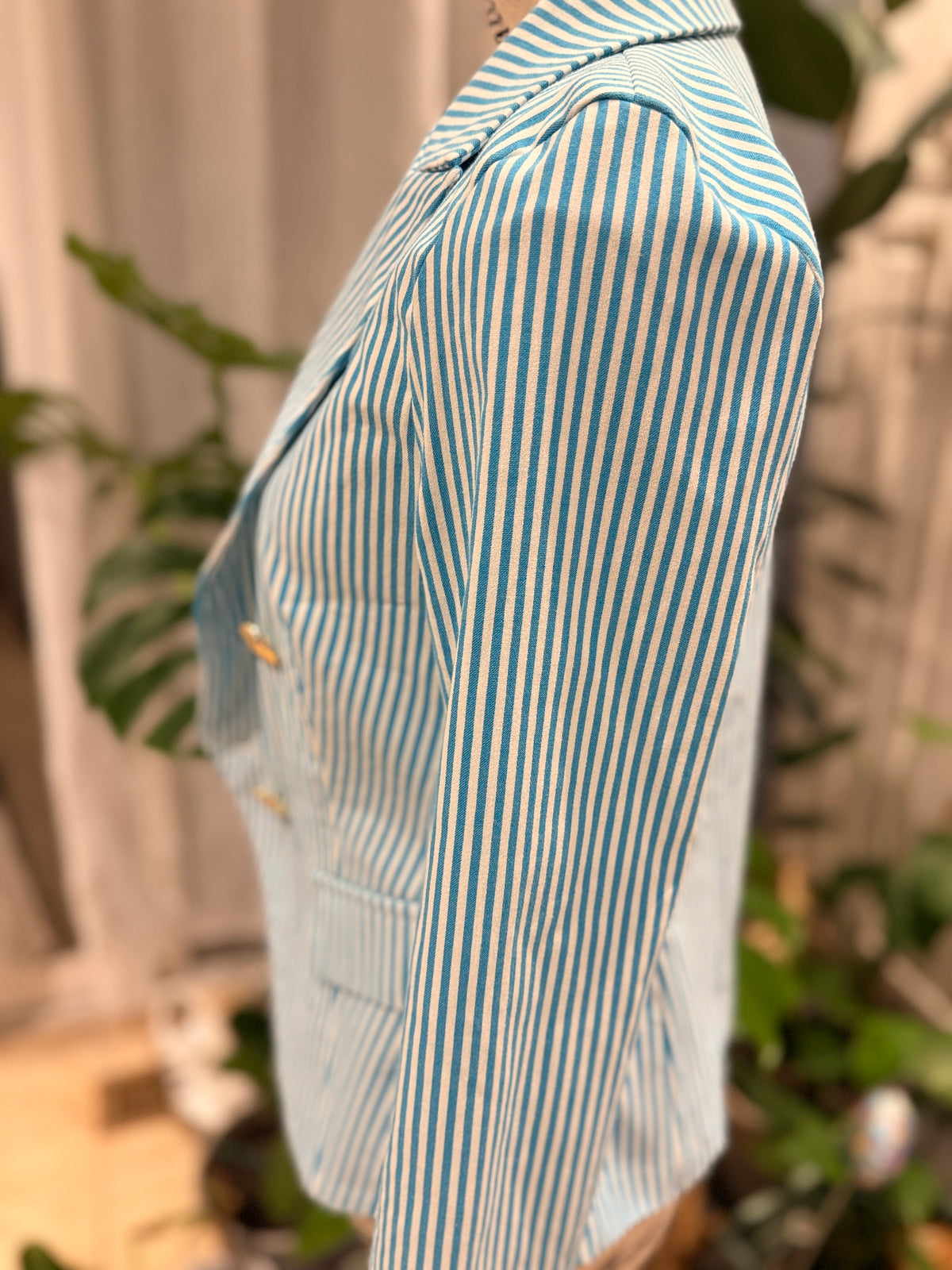 Rinascimento Made in Italy Turquoise Striped Double-Breasted Blazer – Size S