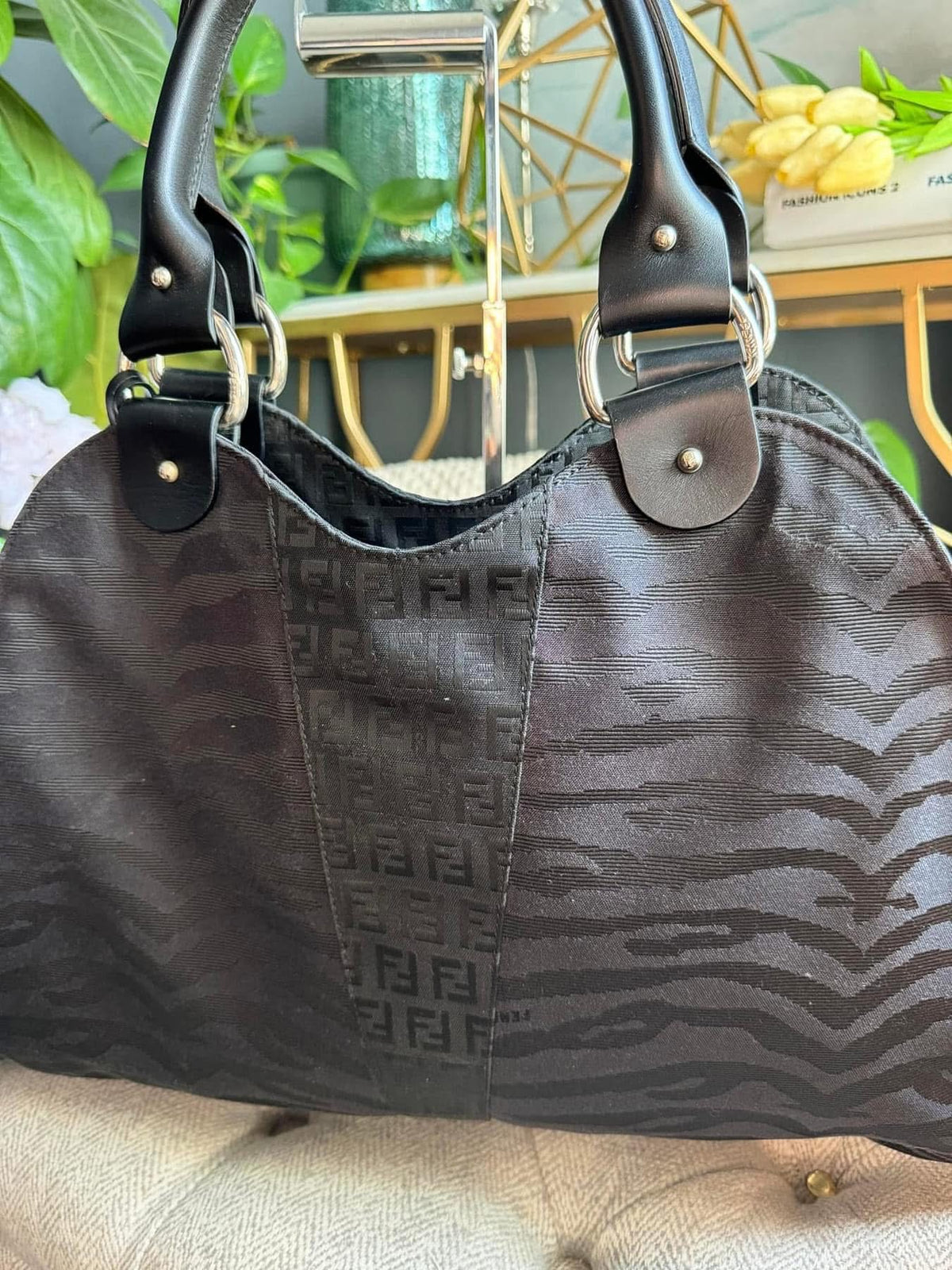 FENDI Diavolo Trapezio Shoulder Bag Zucchino FF Logo Zebra Print Shoulder Bag