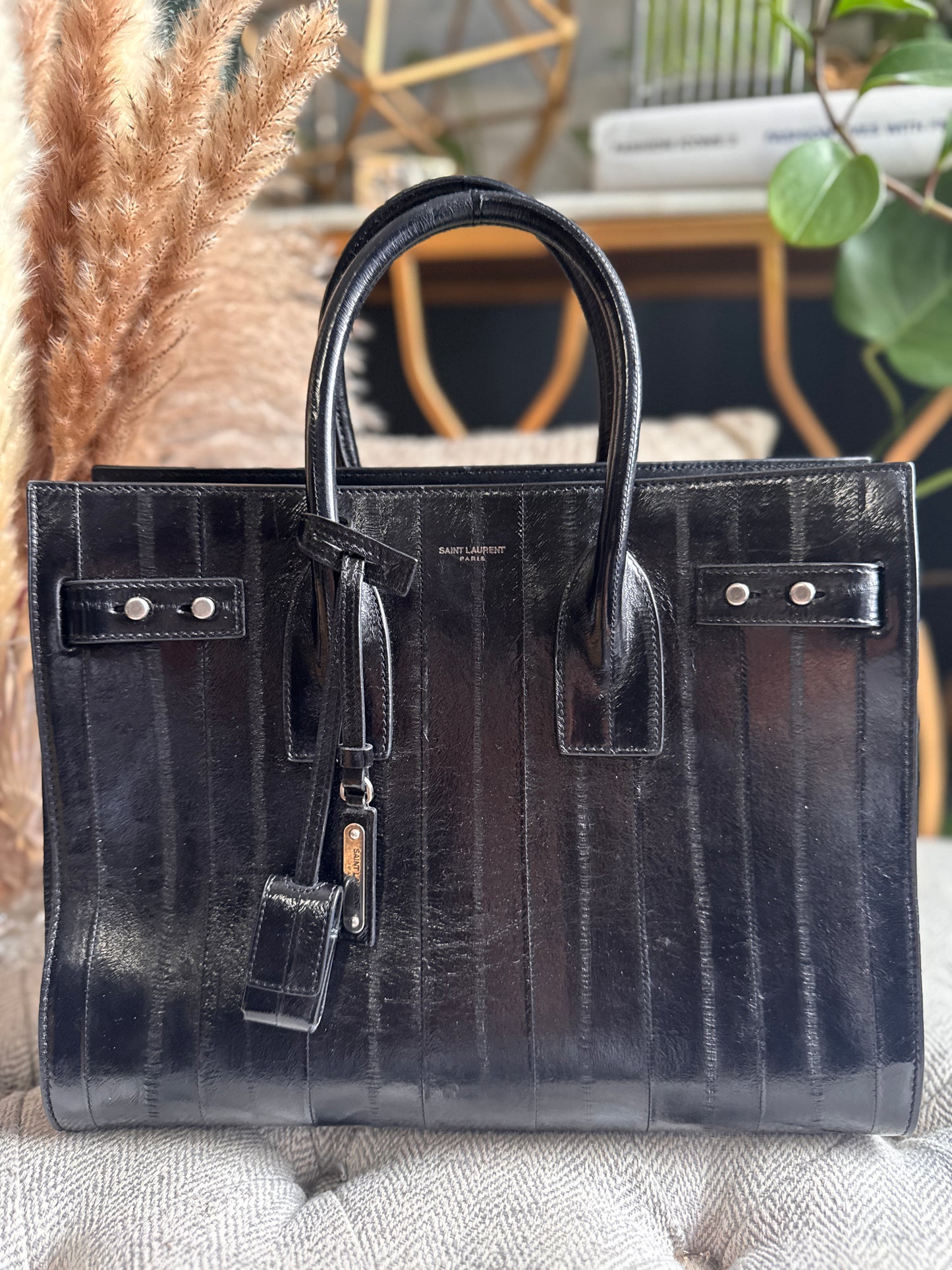 YSL Saint Laurent Black Eel Sac De Jour Bag