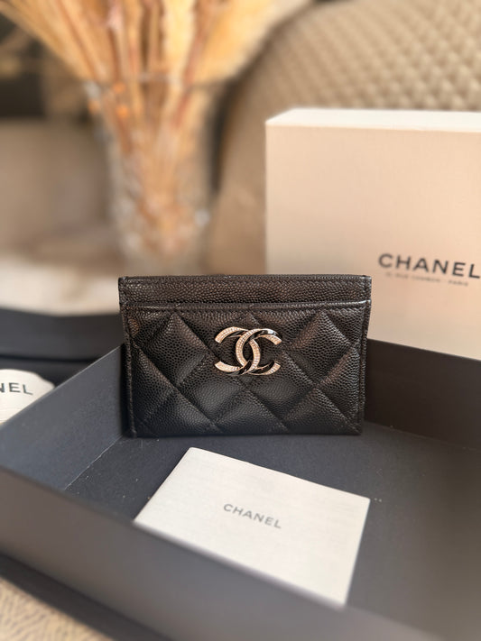 NEW 23S CHANEL Caviar Crystals Card Holder Black BIG Gold CC STRASS Wallet