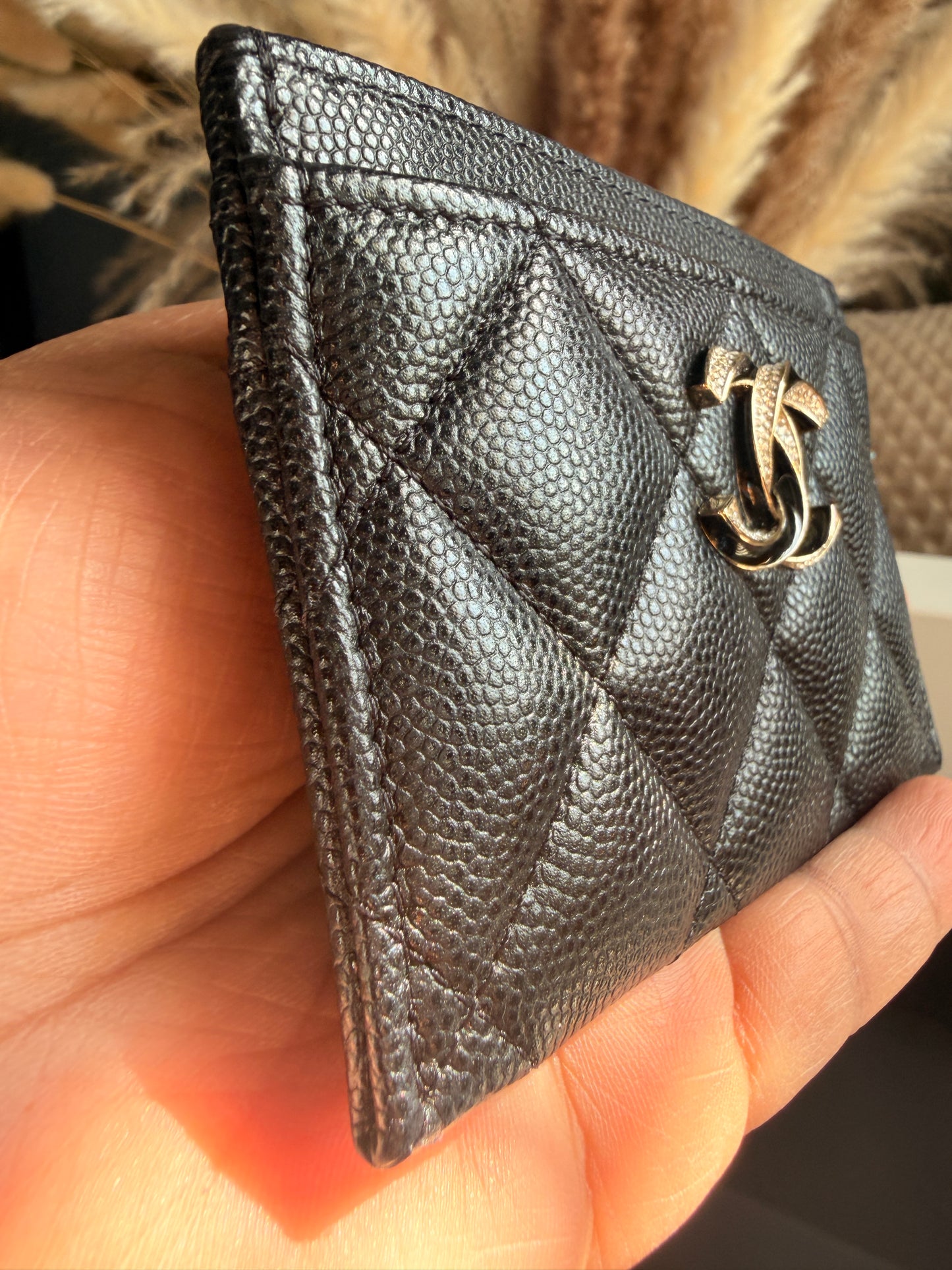 NEW 23S CHANEL Caviar Crystals Card Holder Black BIG Gold CC STRASS Wallet