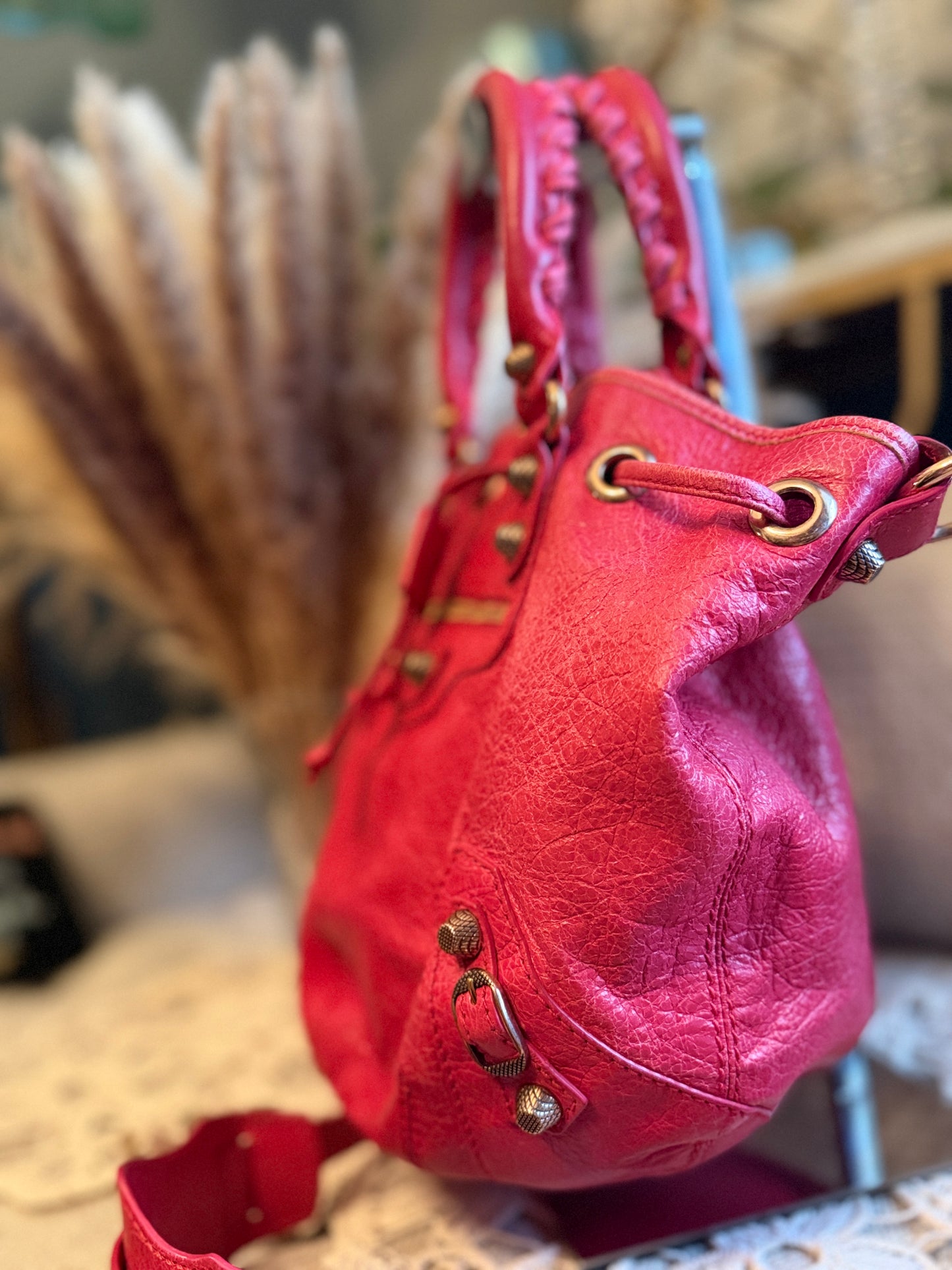 Balenciaga Agneau Giant 12 Rose Gold Hardware Mini Pompon Rose Thulian