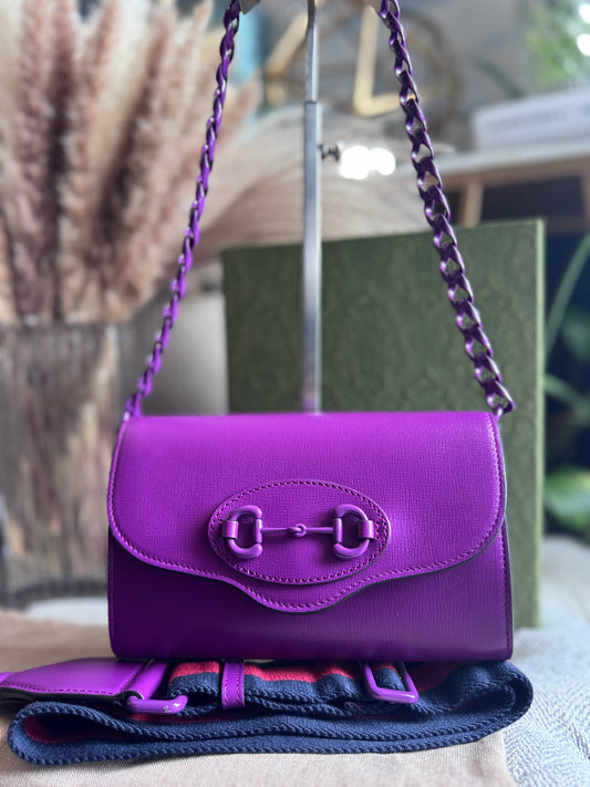 GUCCI Azalea Calfskin Web Monochrome Mini Horsebit 1955 Chain Shoulder Bag Spicy Cyclamin