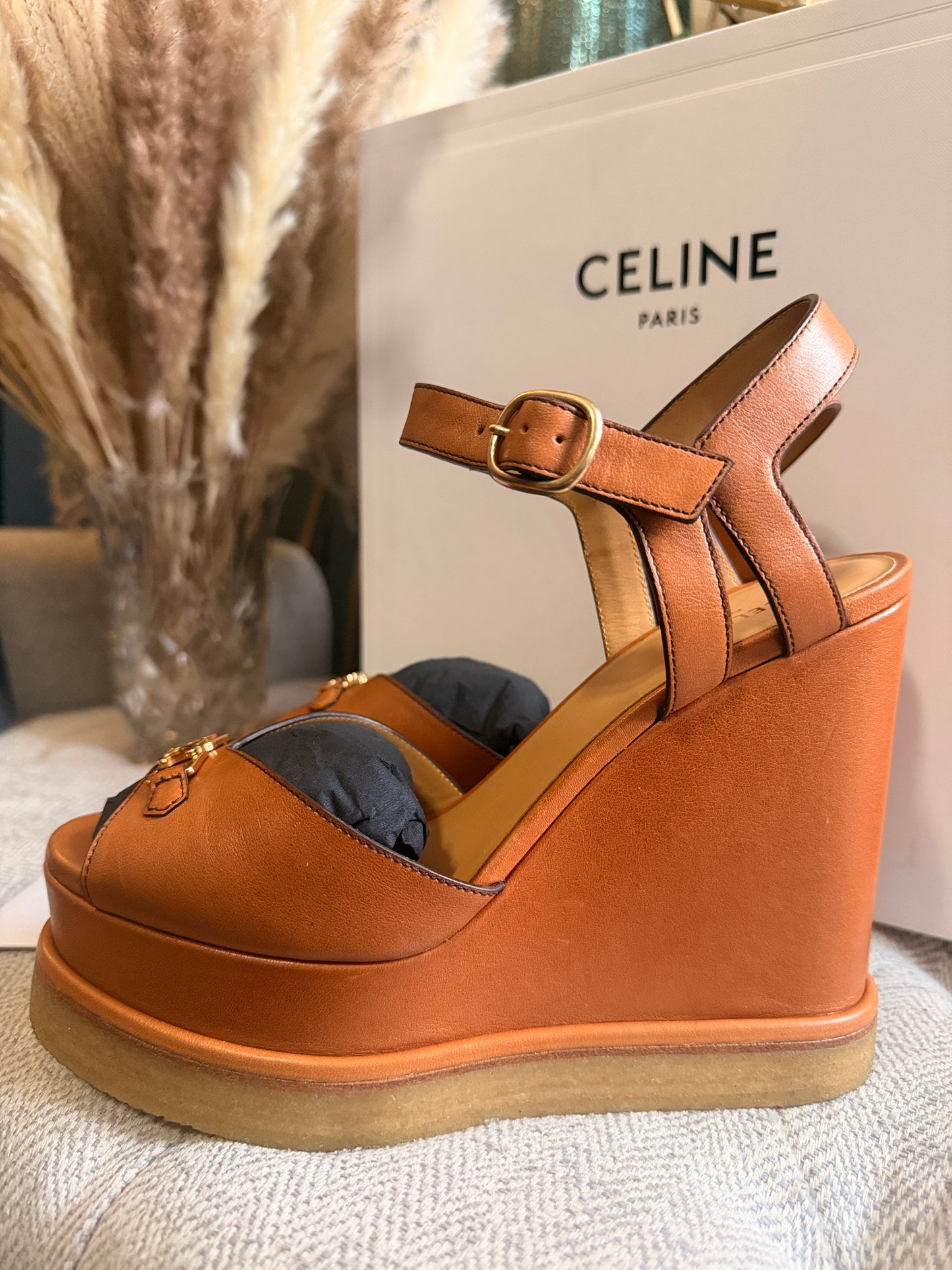 CELINE Triomphe Platform Leather Wedge Sandals