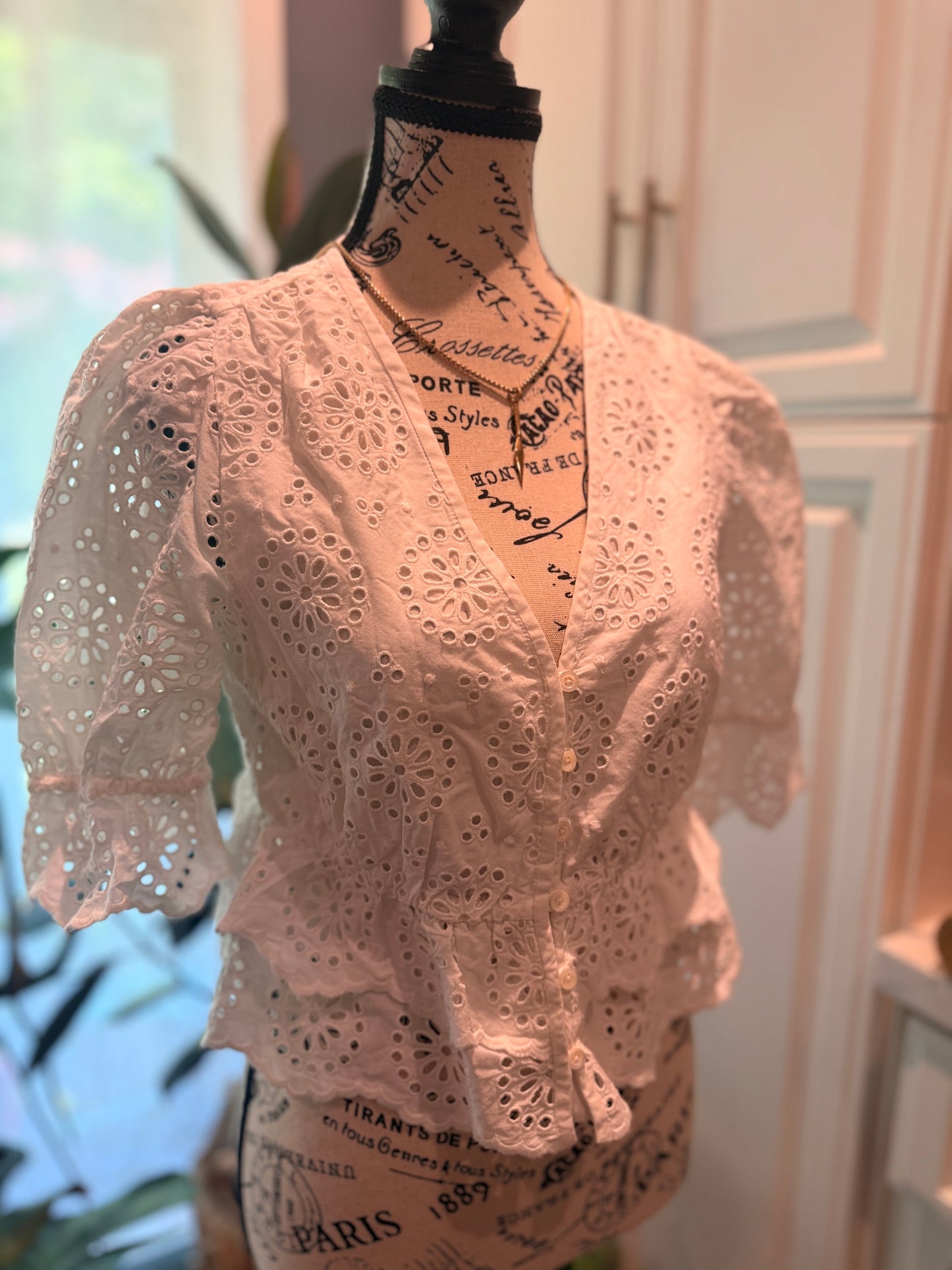 FRAME The Solstice Eyelet Blouse White XS Puff Sleeve Peplum RRP$544