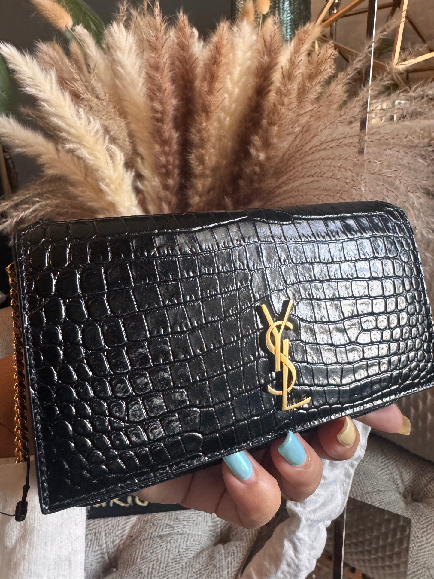 YSL Croc Embossed Wallet on Chain Bag