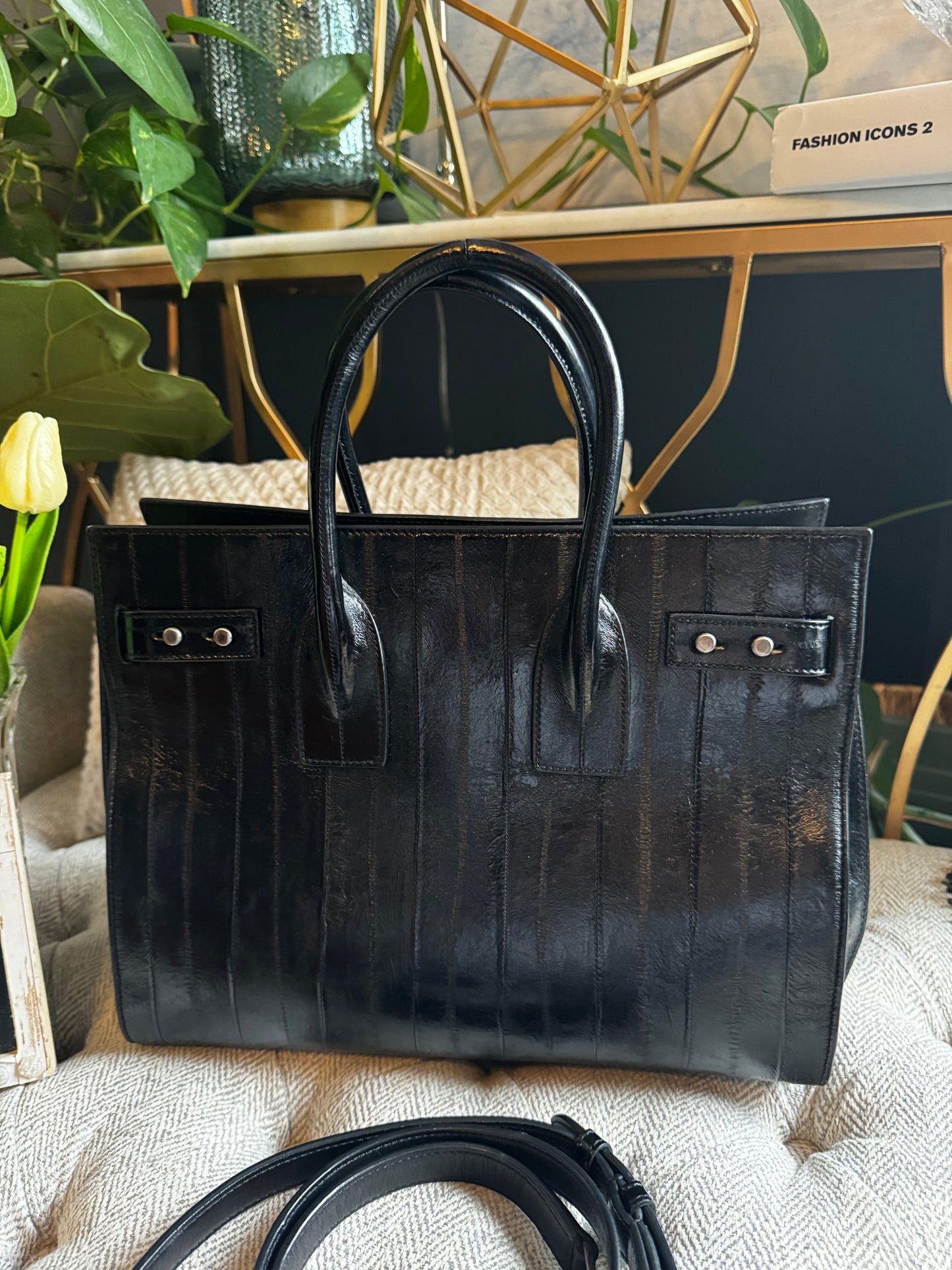 YSL Saint Laurent Black Eel Sac De Jour Bag