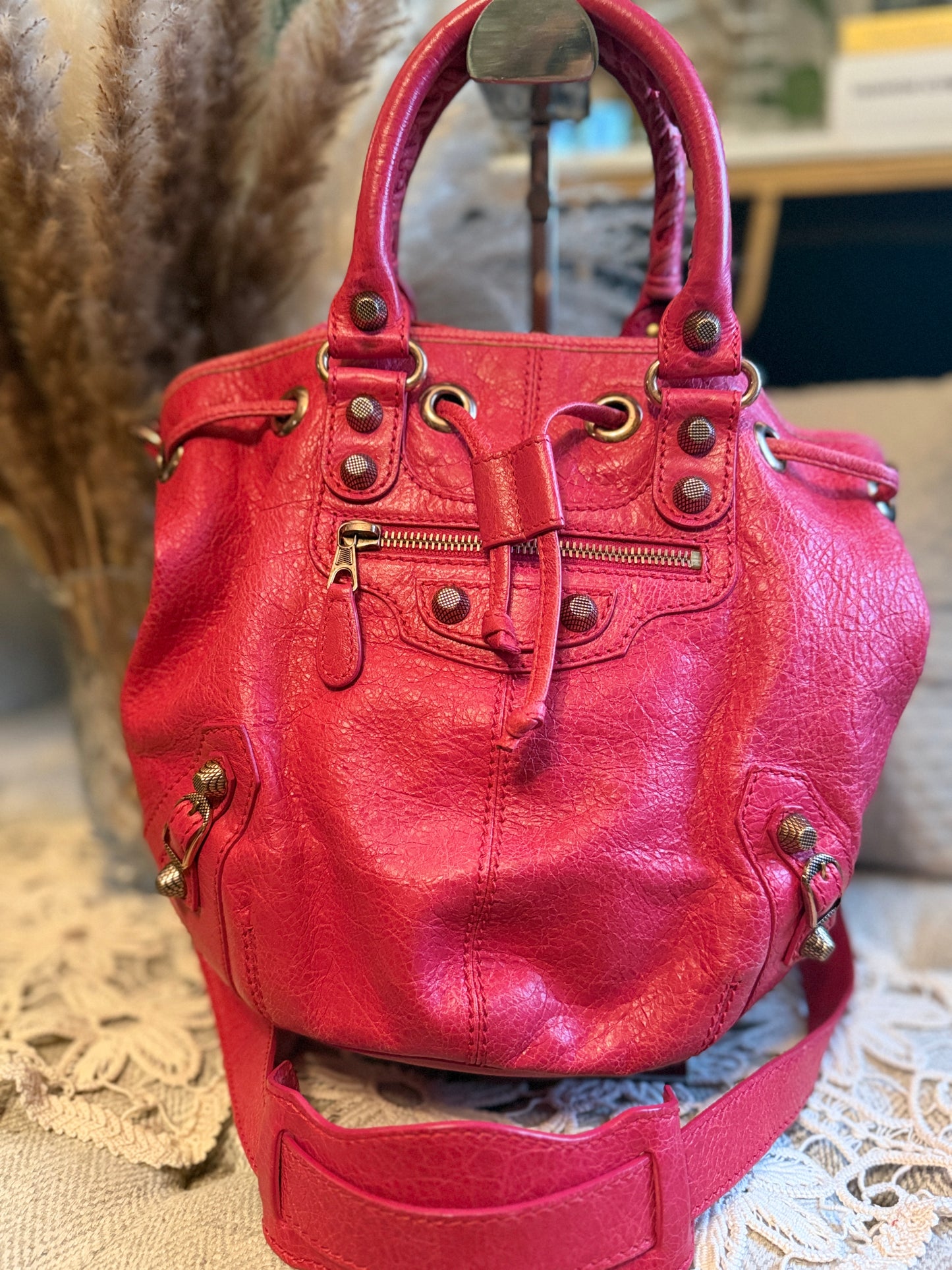 Balenciaga Agneau Giant 12 Rose Gold Hardware Mini Pompon Rose Thulian