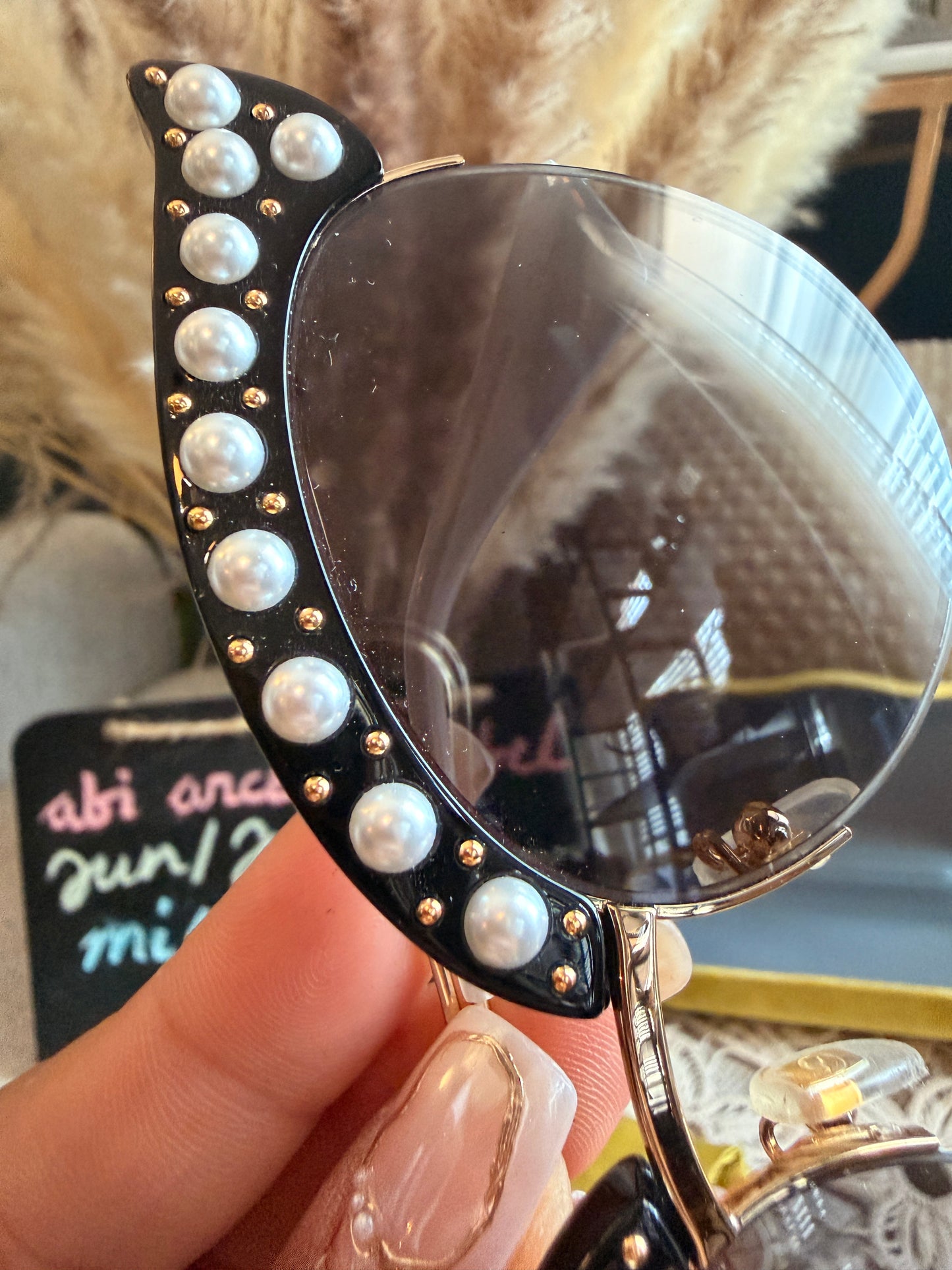 Gucci Black Acrylic Cat-Eye Sunglasses with Pearl Details