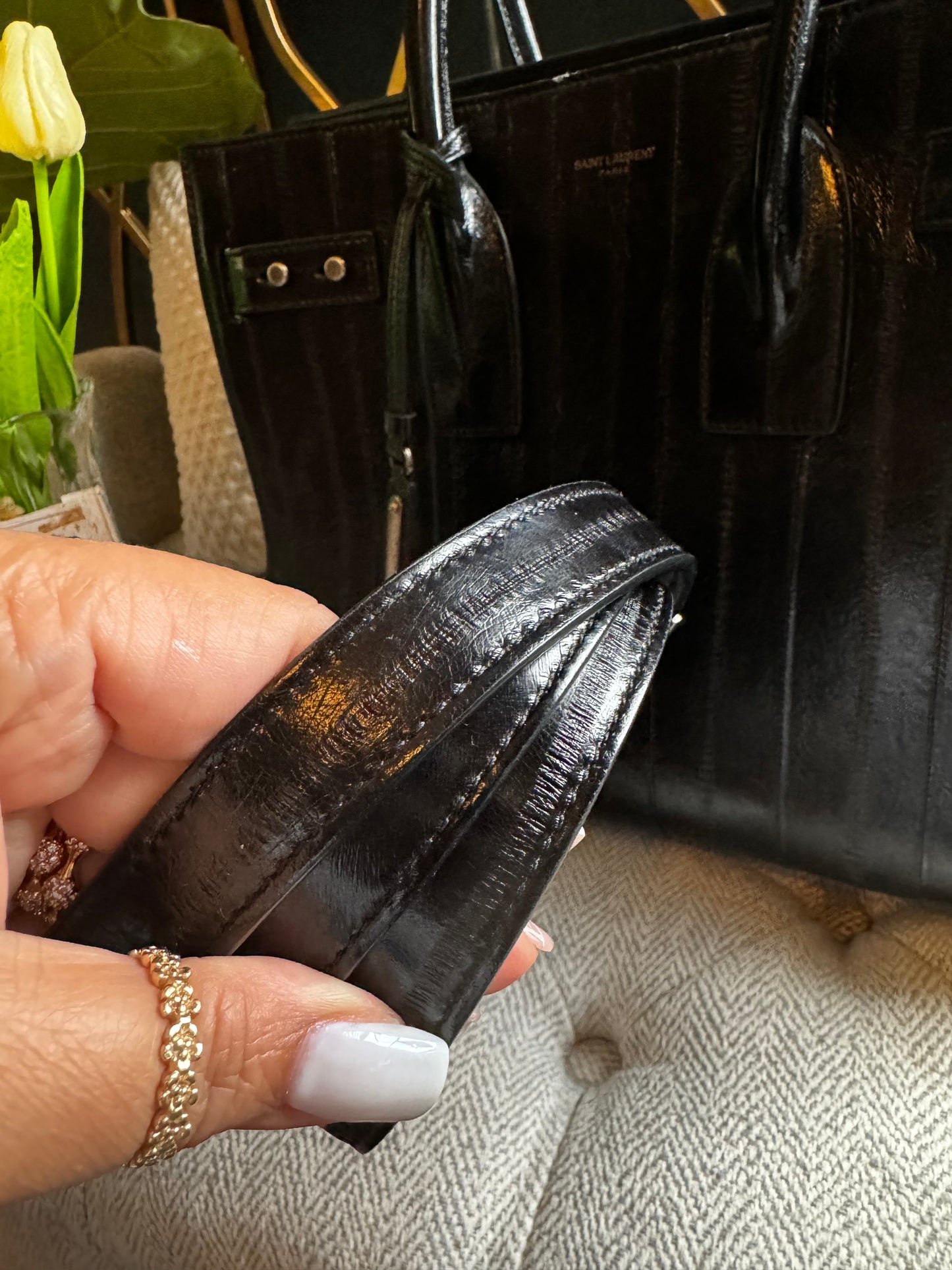 YSL Saint Laurent Black Eel Sac De Jour Bag