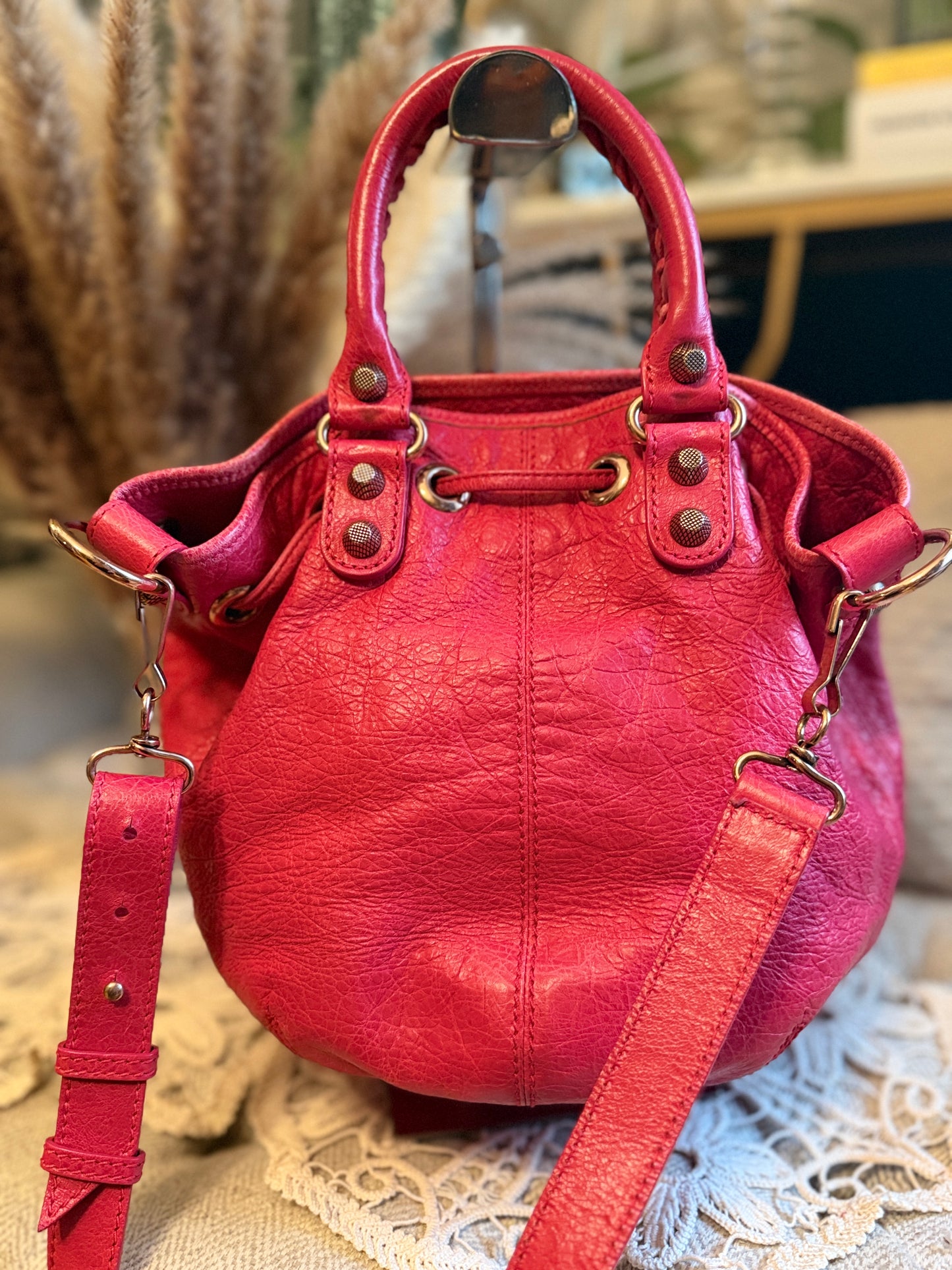 Balenciaga Agneau Giant 12 Rose Gold Hardware Mini Pompon Rose Thulian