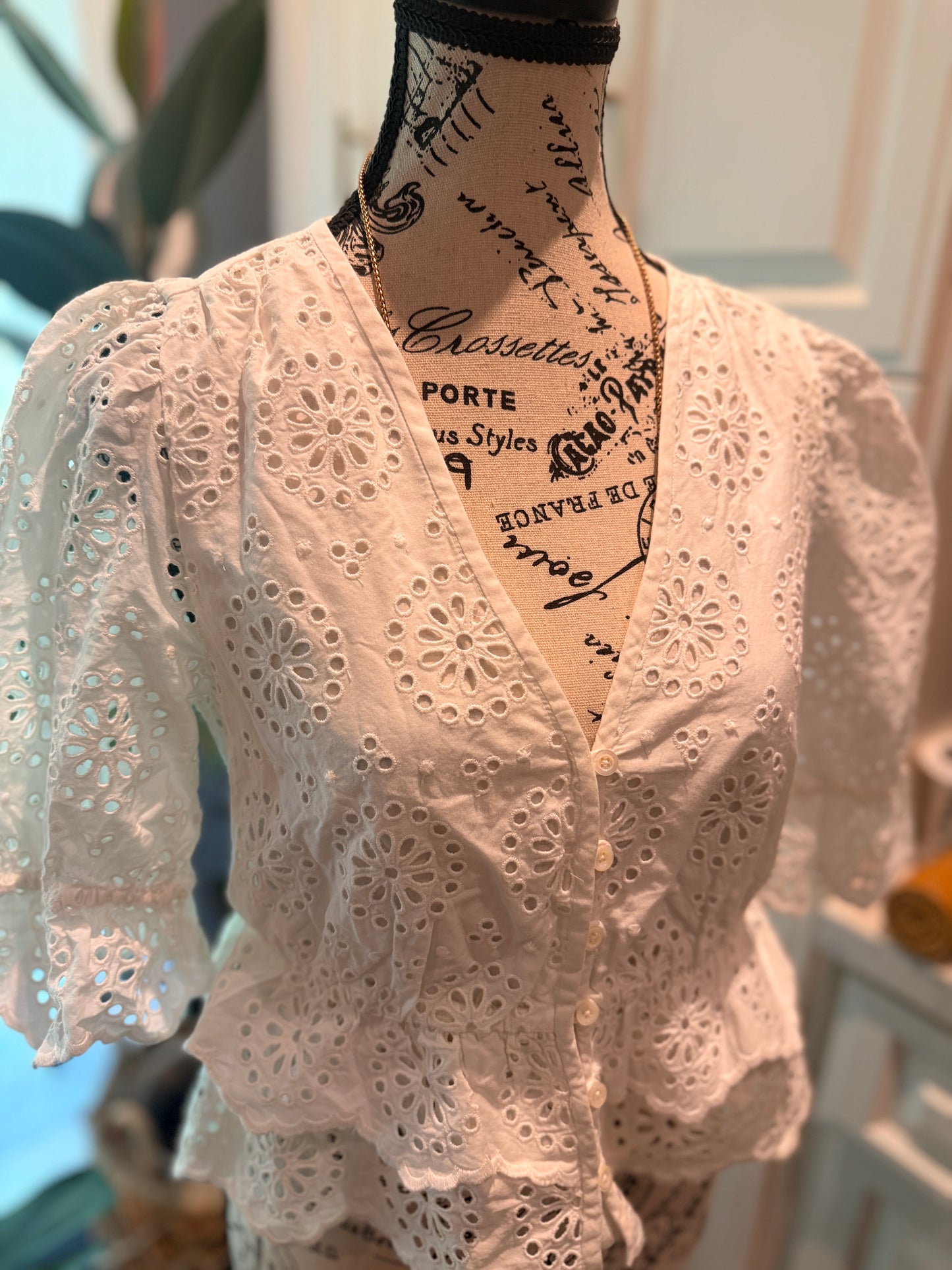 FRAME The Solstice Eyelet Blouse White XS Puff Sleeve Peplum RRP$544