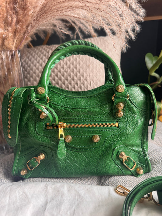 Balenciaga Mini City in Green with Gold Hardware