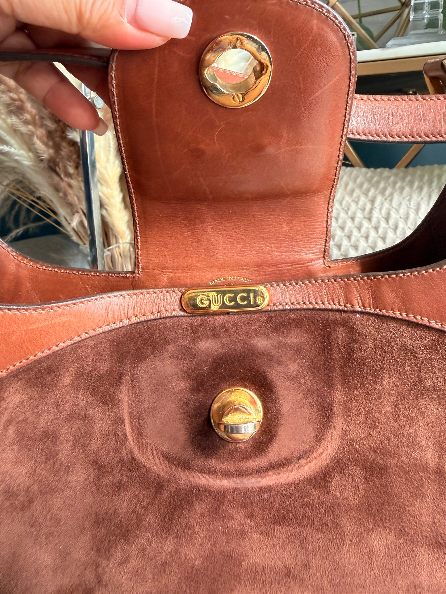 Vintage 70's GUCCI GG Monogram Flip Lock Brown Leather and Suede Hobo
