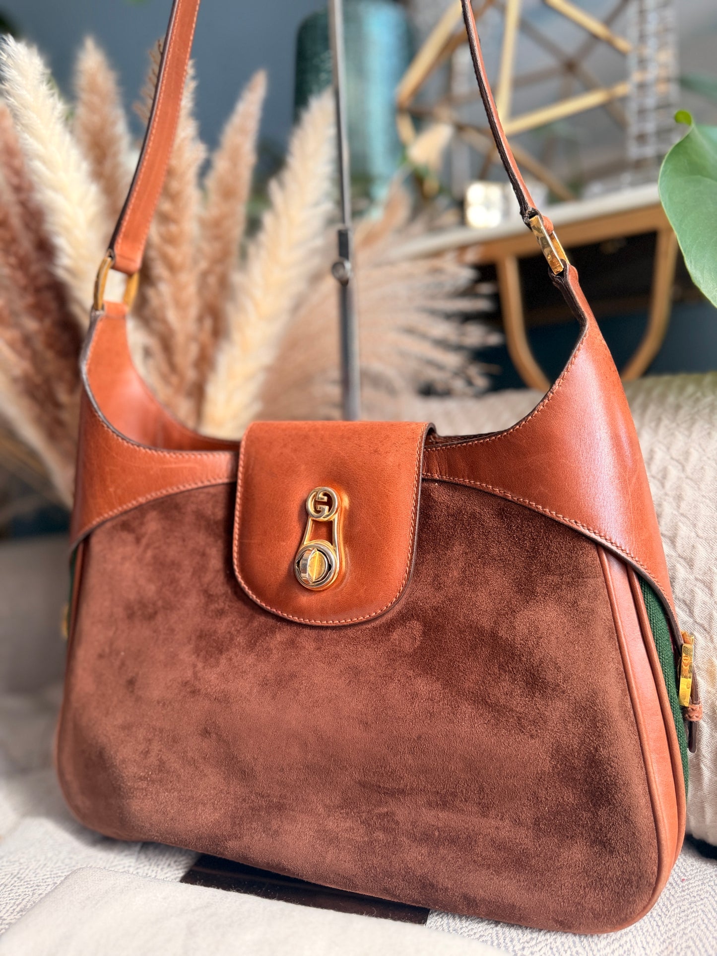 Vintage 70's GUCCI GG Monogram Flip Lock Brown Leather and Suede Hobo