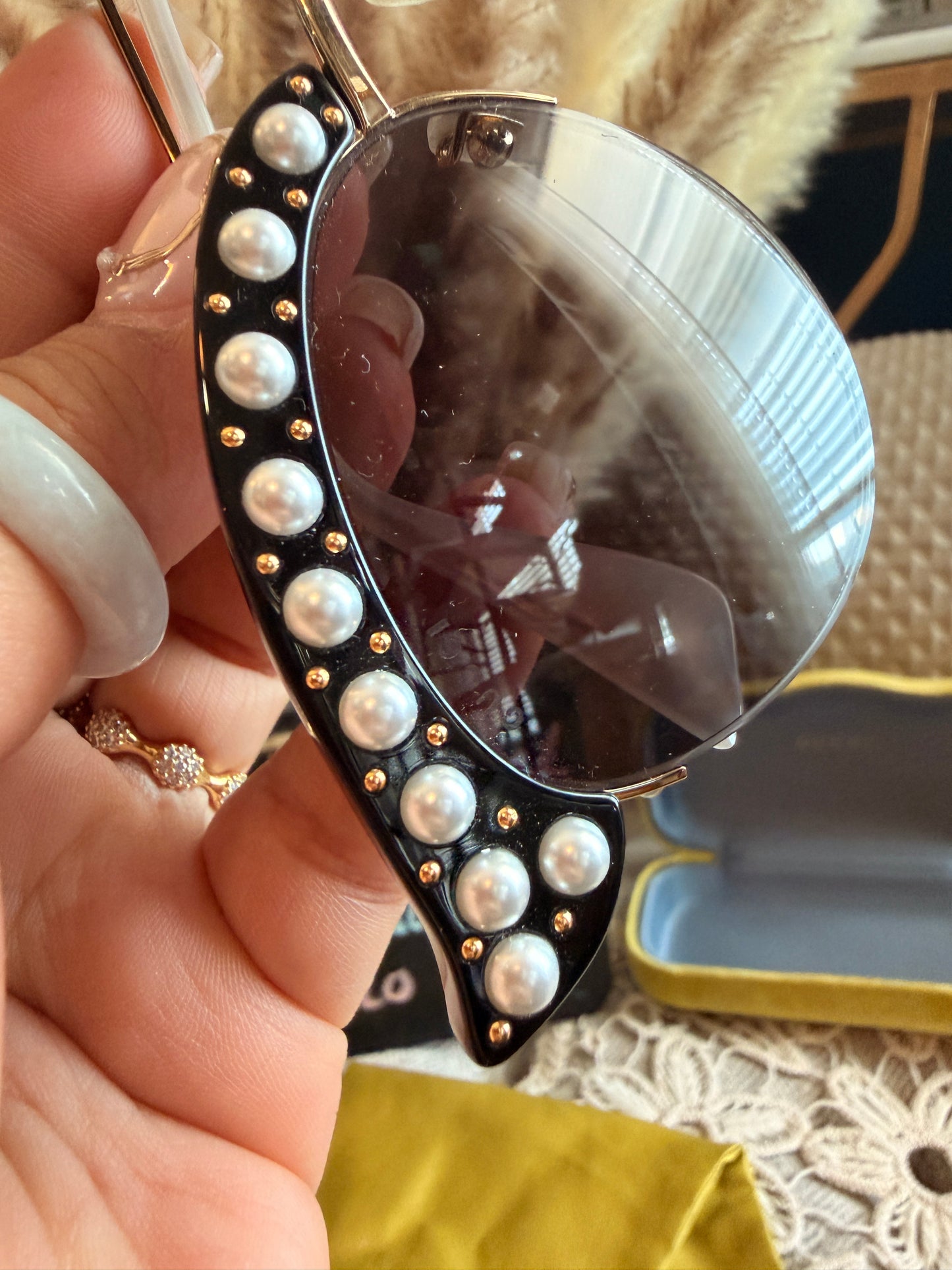 Gucci Black Acrylic Cat-Eye Sunglasses with Pearl Details