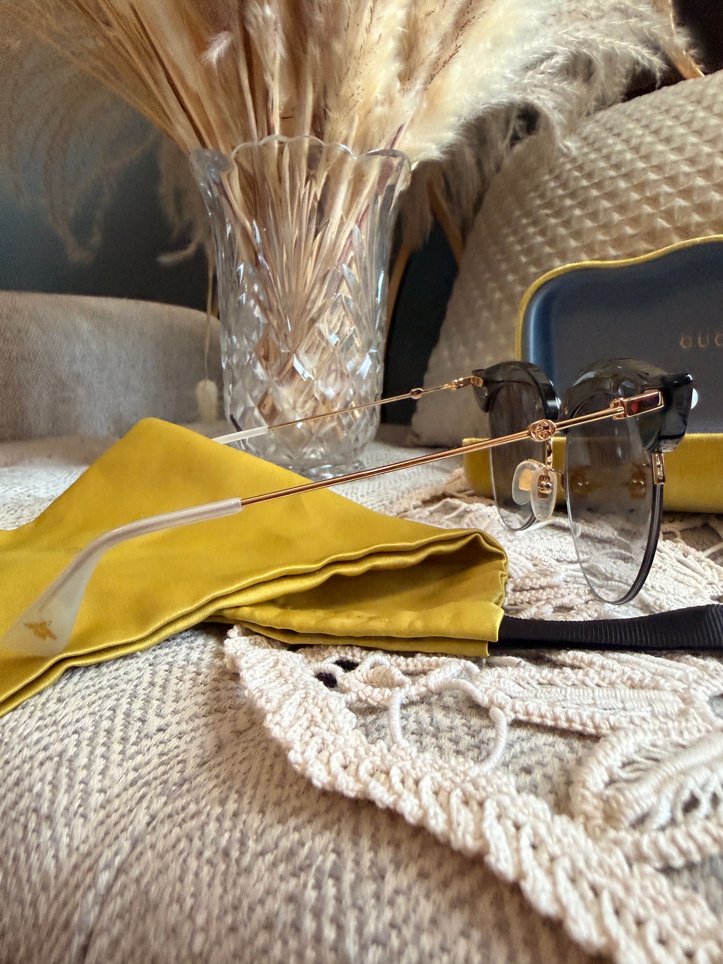 Gucci Black Acrylic Cat-Eye Sunglasses with Pearl Details