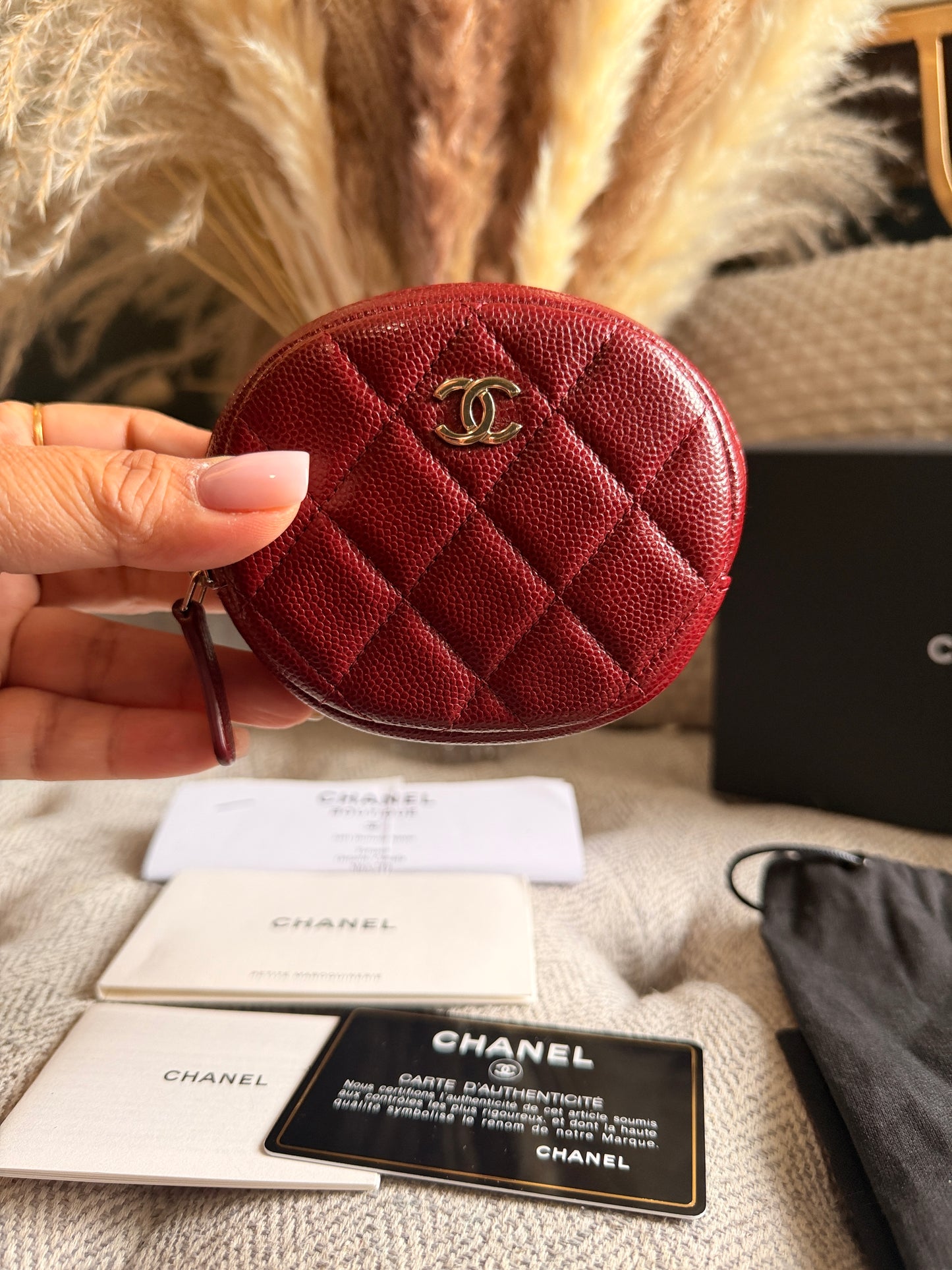 Chanel CHANEL 19B BURGUNDY CAVIAR ROUND POUCH/ COIN PURSE