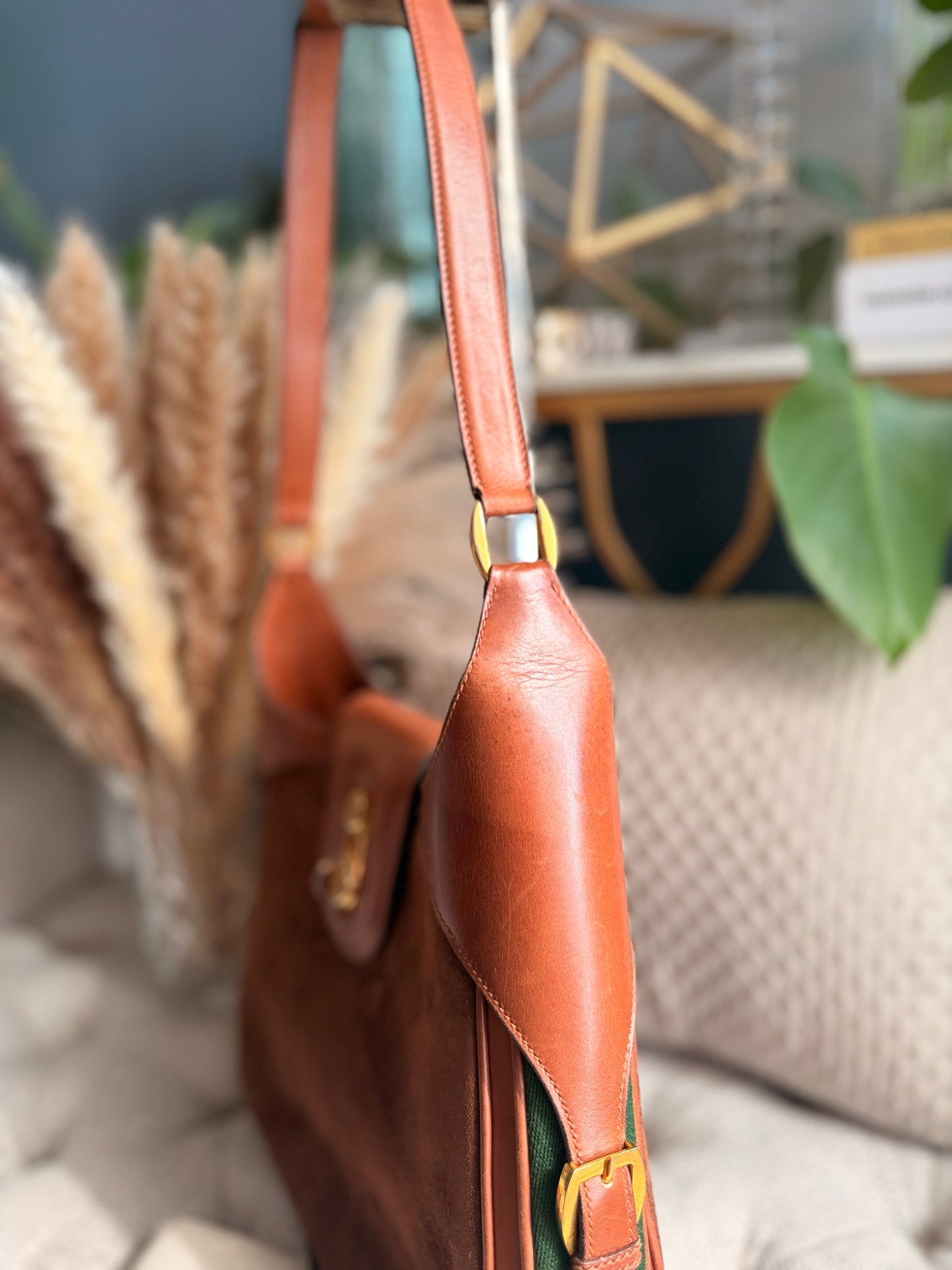 Vintage 70's GUCCI GG Monogram Flip Lock Brown Leather and Suede Hobo