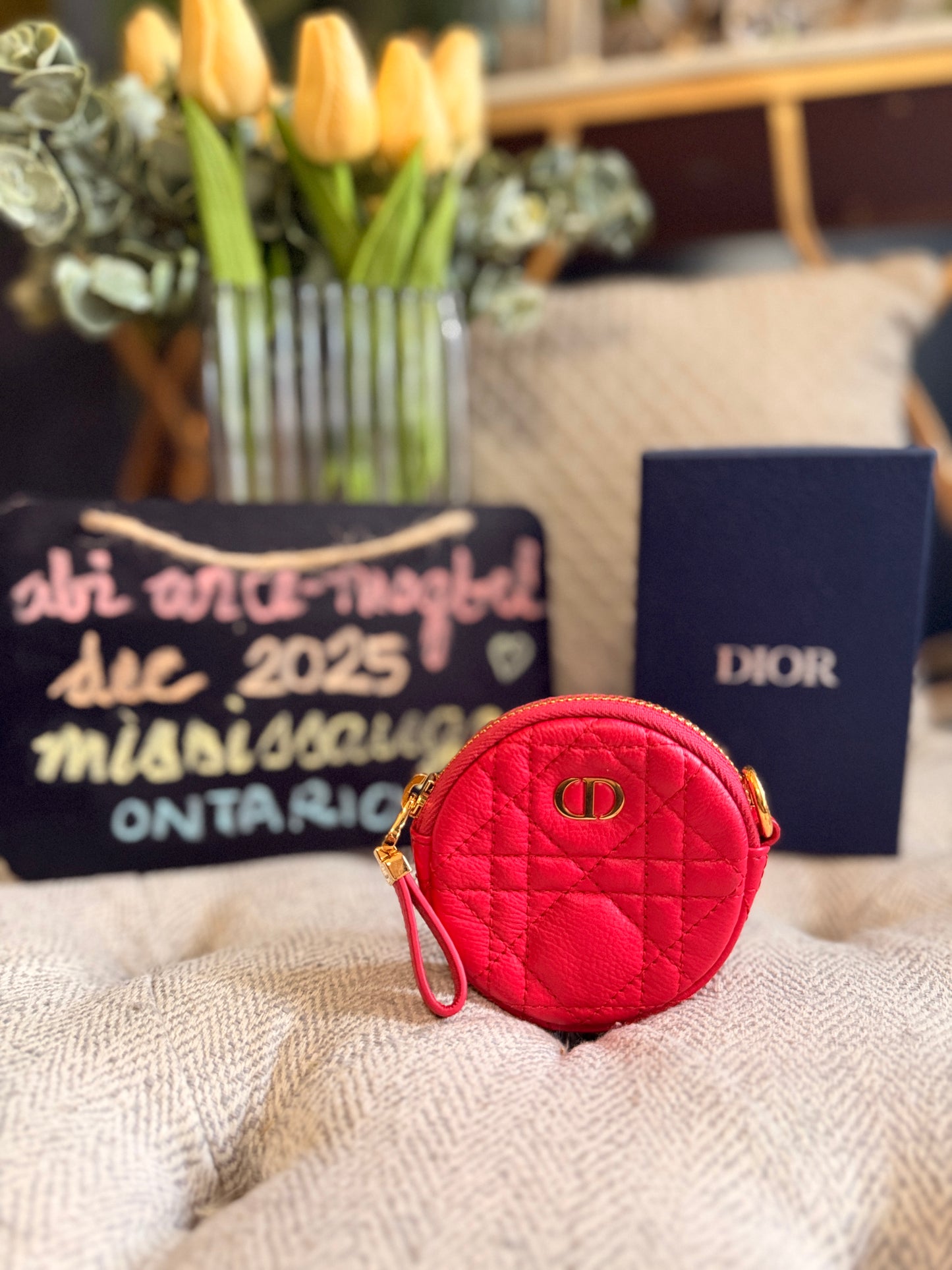 CHRISTIAN DIOR
Red Cannage Quilted Leather Mini Caro Coin Purse