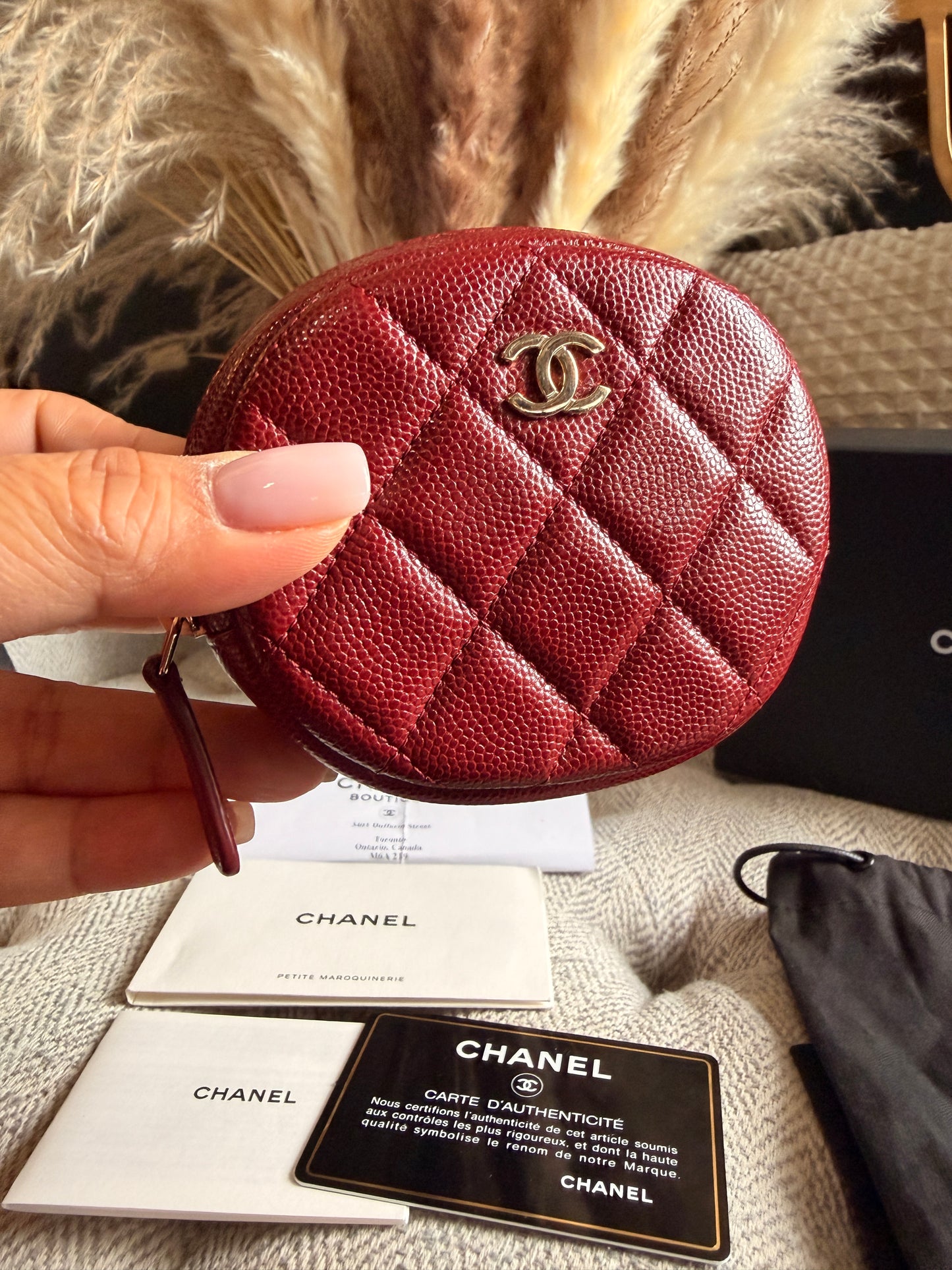 Chanel CHANEL 19B BURGUNDY CAVIAR ROUND POUCH/ COIN PURSE