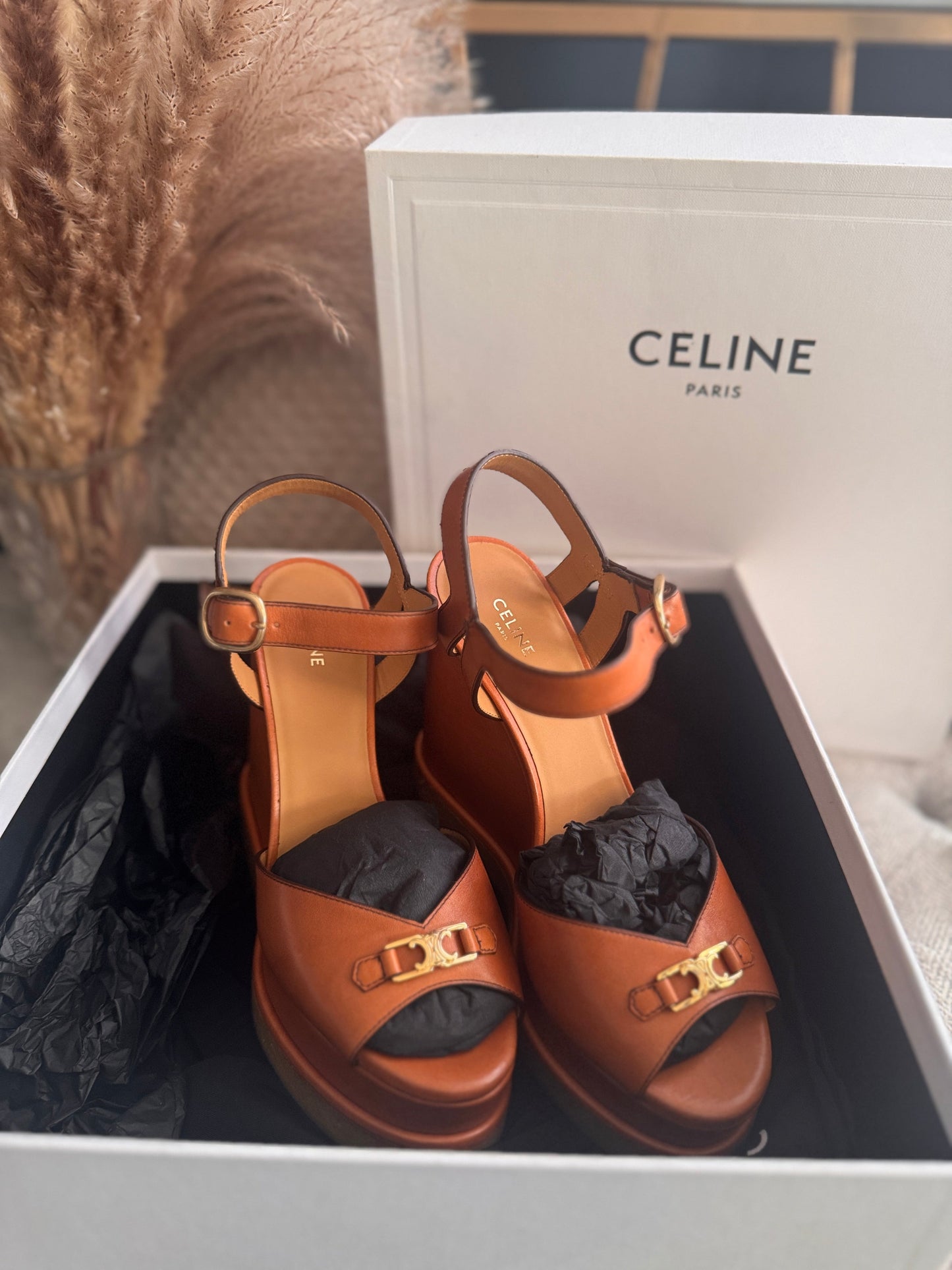 CELINE Triomphe Platform Leather Wedge Sandals