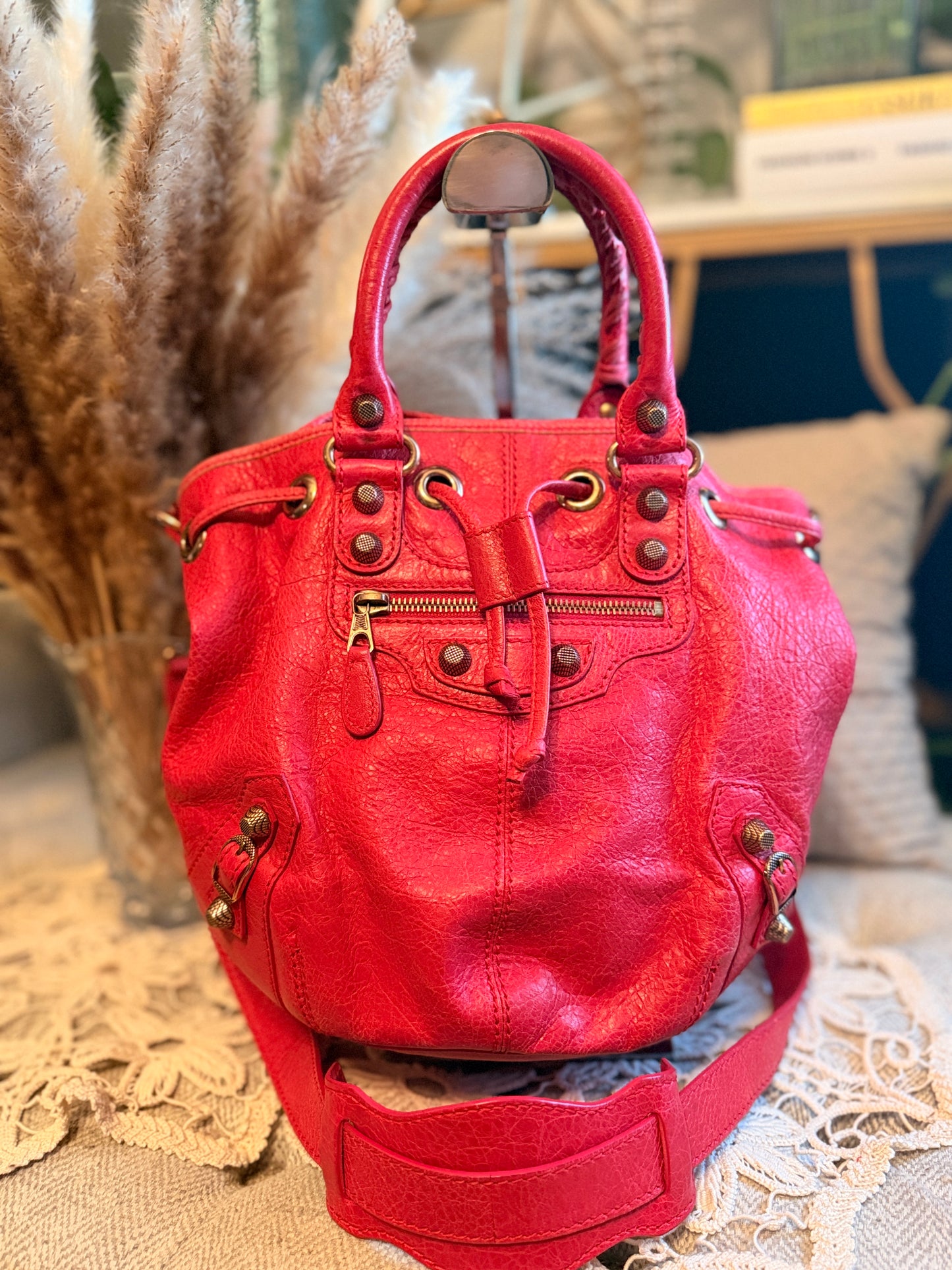 Balenciaga Agneau Giant 12 Rose Gold Hardware Mini Pompon Rose Thulian