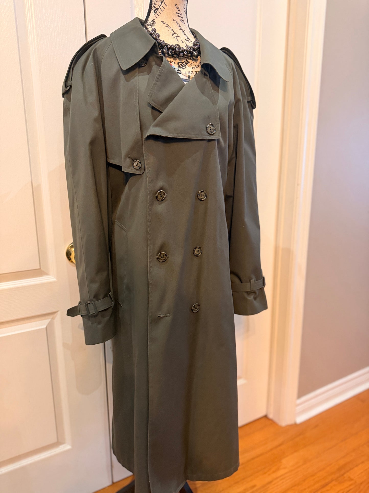 London Fog Vintage Trench Coat 44R w/ Zip-Out Wool Liner – Classic Olive Green