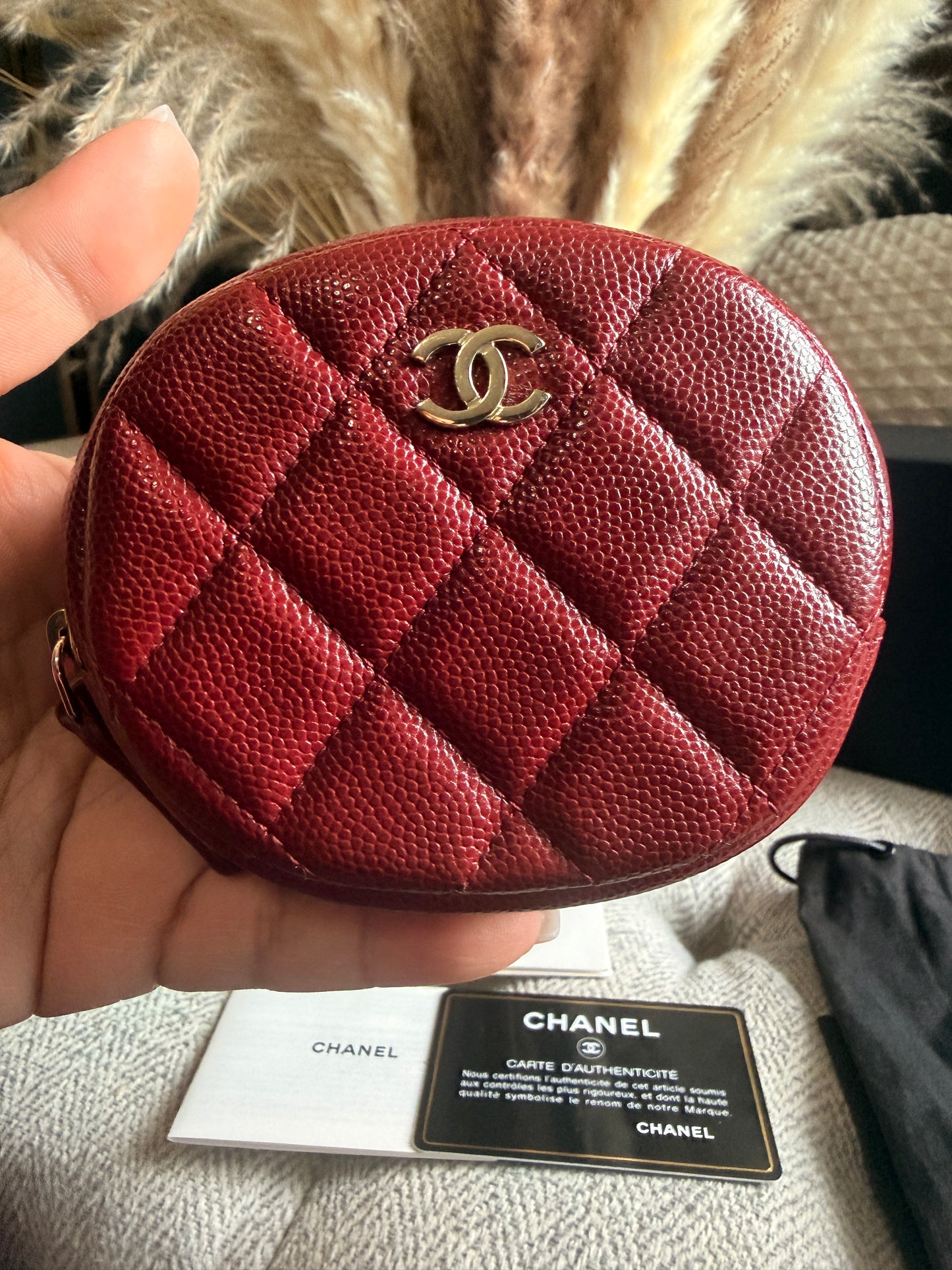 Chanel CHANEL 19B BURGUNDY CAVIAR ROUND POUCH/ COIN PURSE