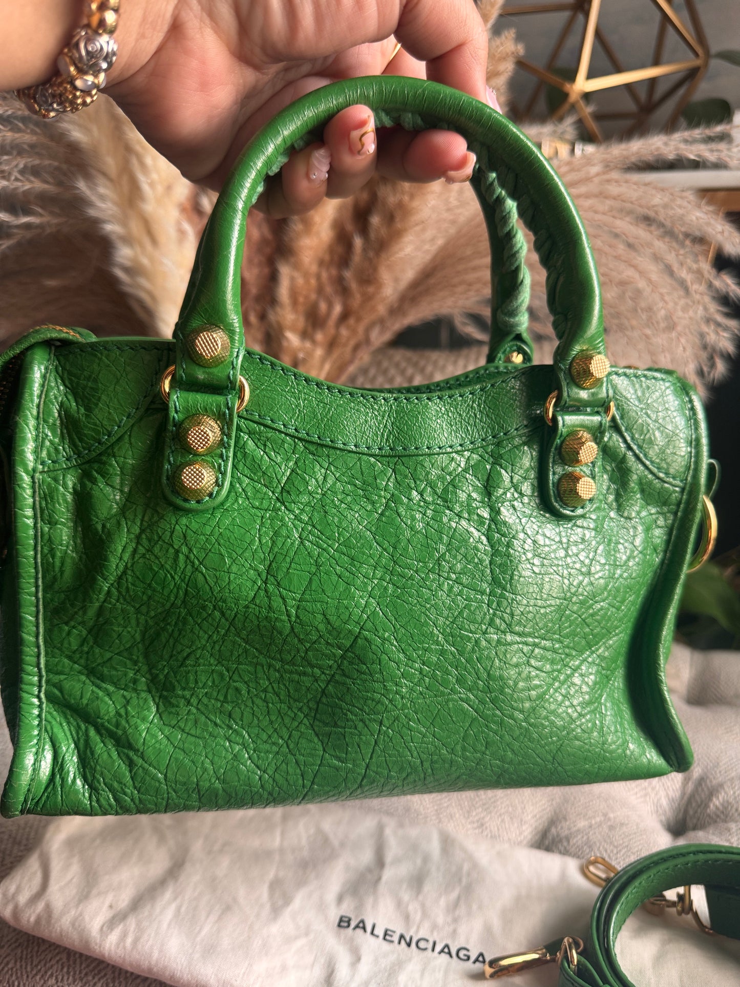 Balenciaga Mini City in Green with Gold Hardware