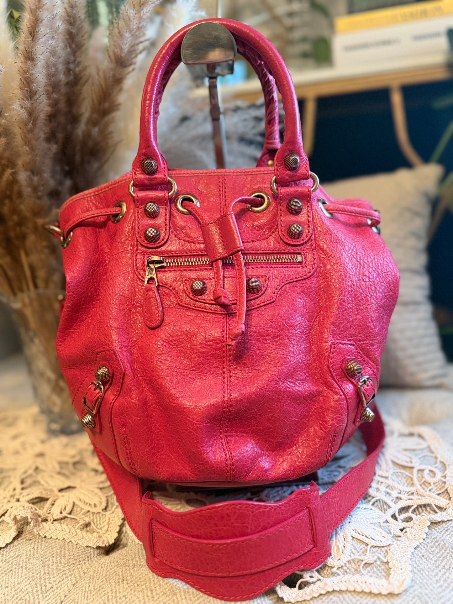 Balenciaga Agneau Giant 12 Rose Gold Hardware Mini Pompon Rose Thulian