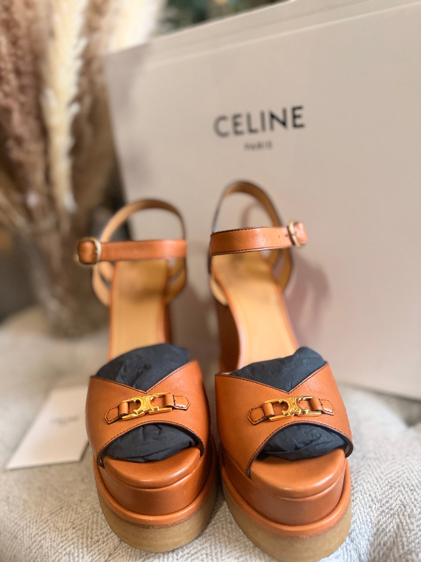 CELINE Triomphe Platform Leather Wedge Sandals