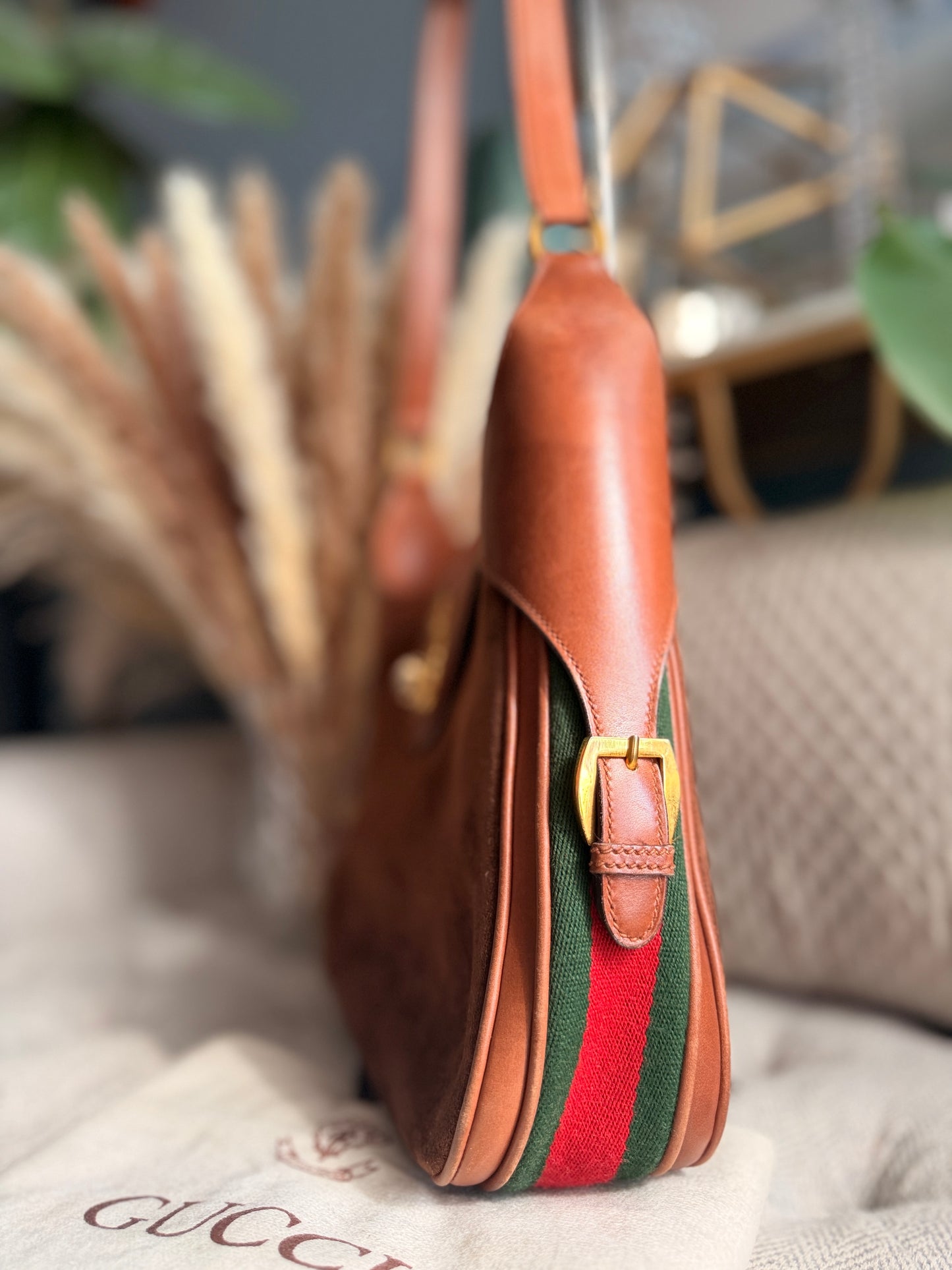 Vintage 70's GUCCI GG Monogram Flip Lock Brown Leather and Suede Hobo