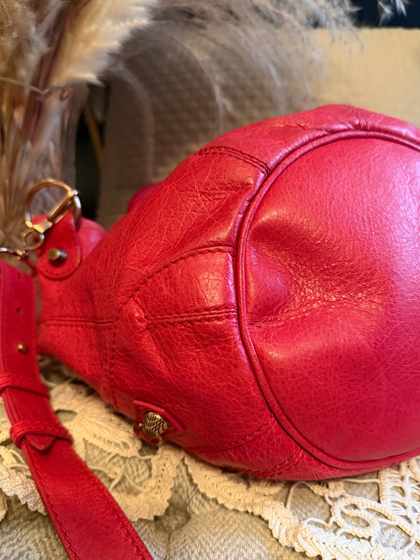 Balenciaga Agneau Giant 12 Rose Gold Hardware Mini Pompon Rose Thulian