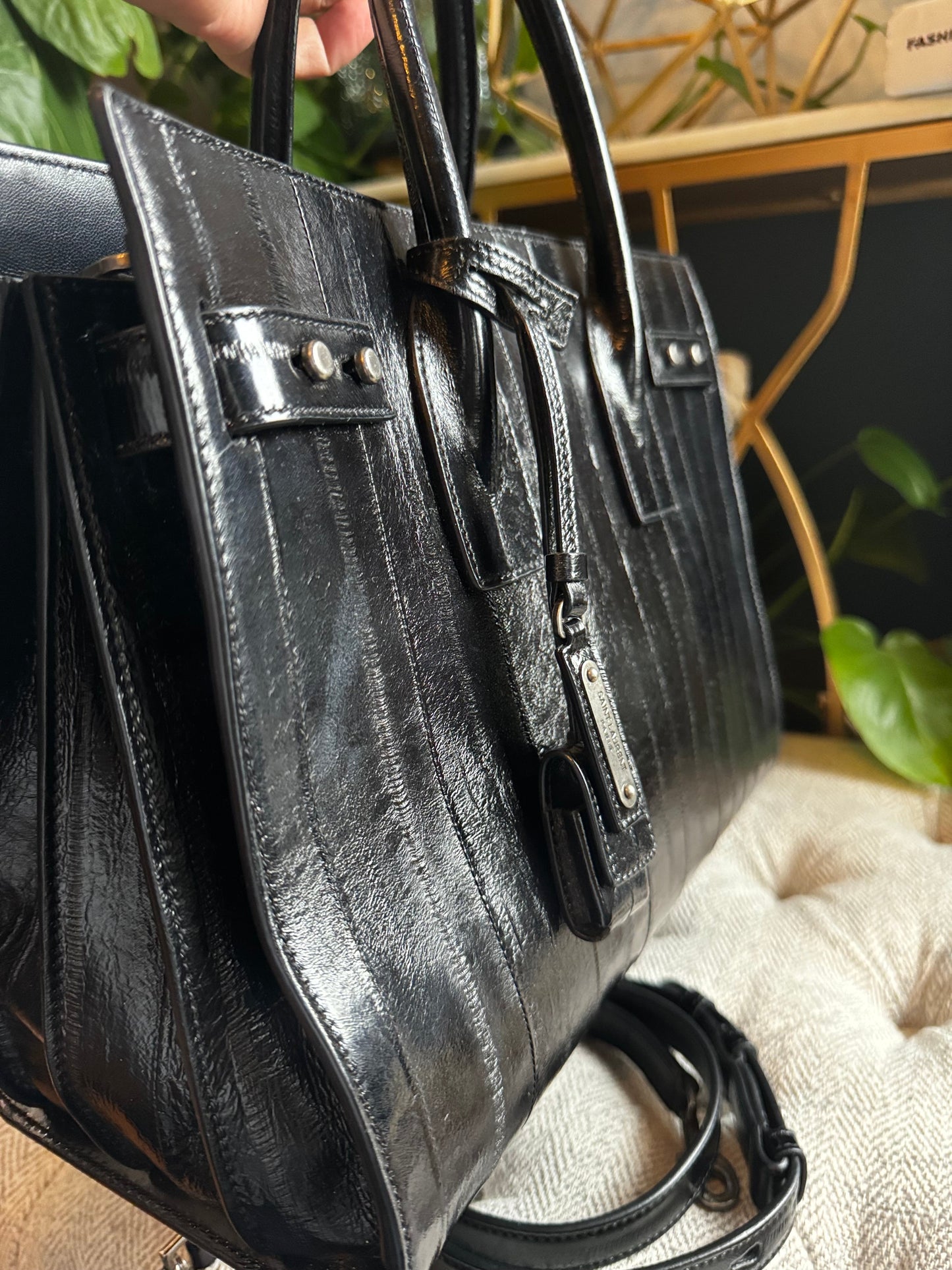 YSL Saint Laurent Black Eel Sac De Jour Bag