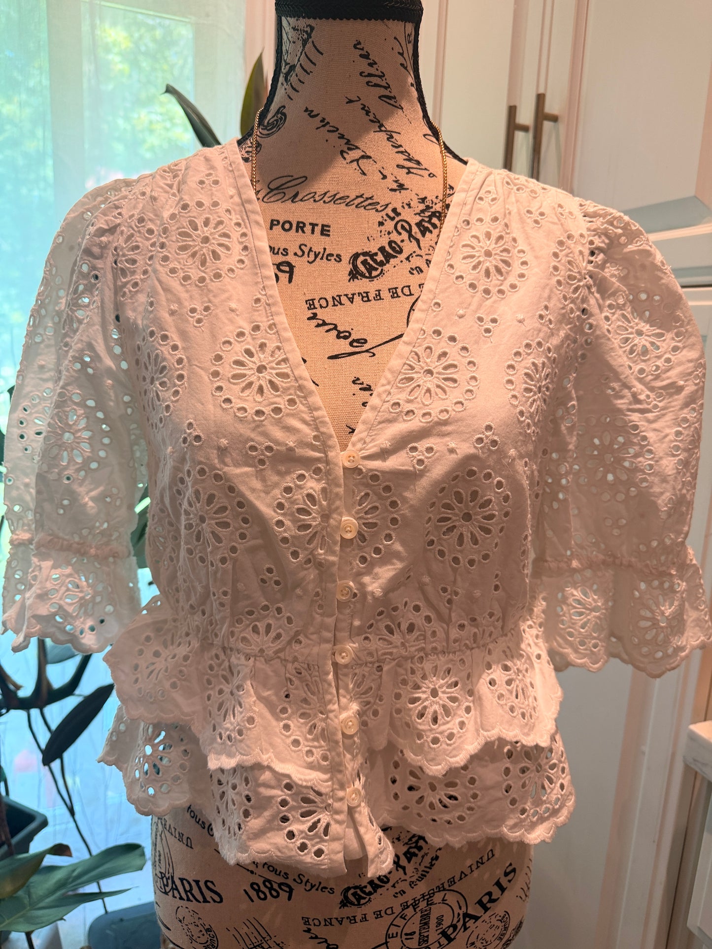 FRAME The Solstice Eyelet Blouse White XS Puff Sleeve Peplum RRP$544