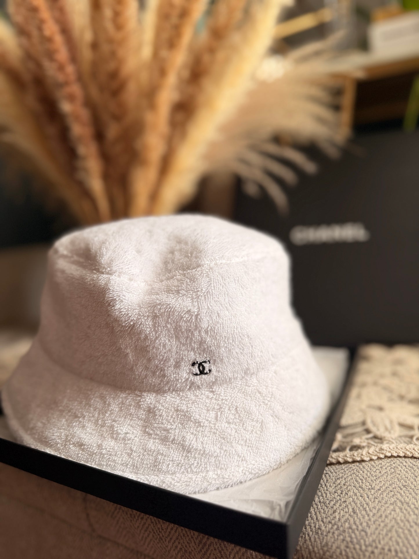 CHANEL 2021 White Terry Cloth CC Bucket Hat Size L