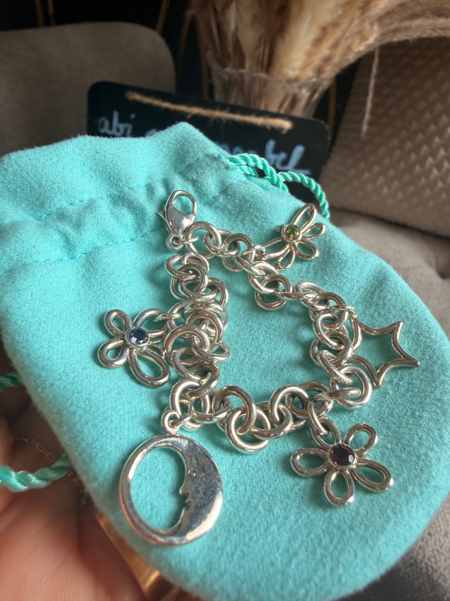 Tiffany & Co RARE Silver 925 Gemstone Nature Flower Moon Butterfly Bracelet