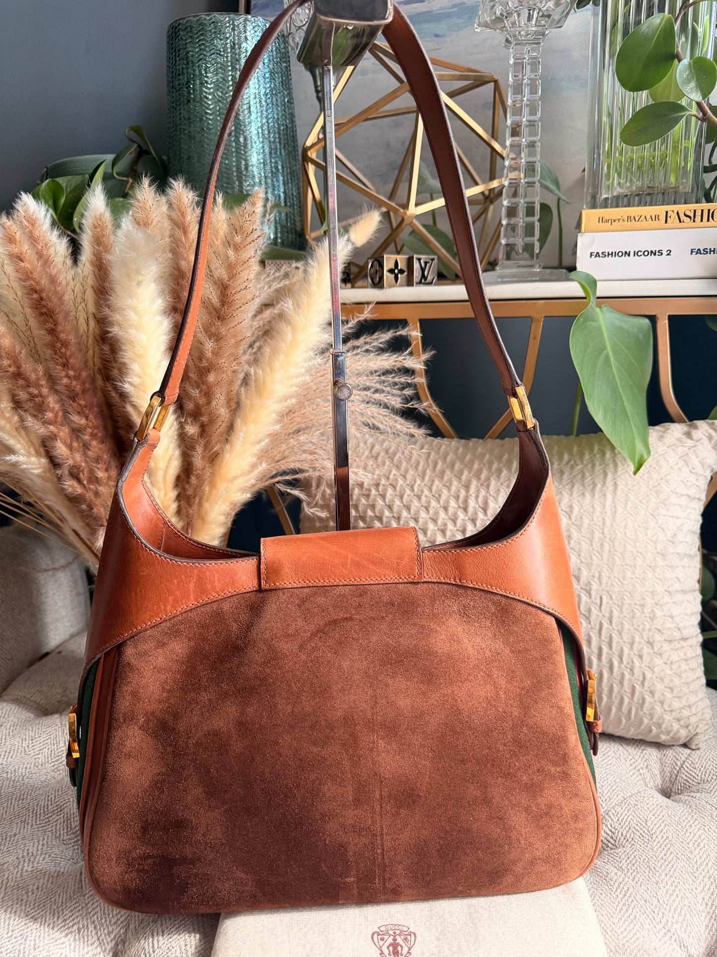 Vintage 70's GUCCI GG Monogram Flip Lock Brown Leather and Suede Hobo