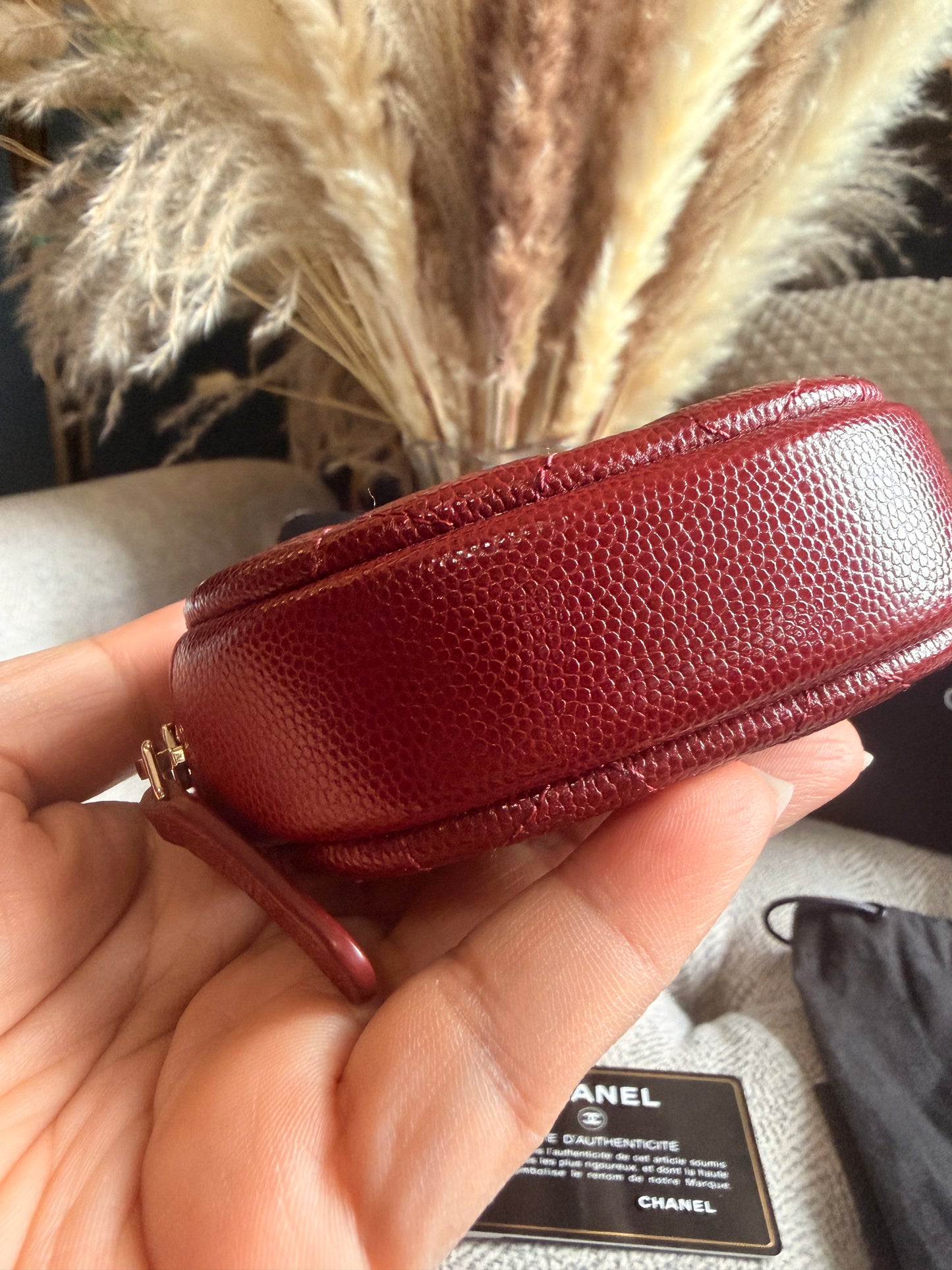 Chanel CHANEL 19B BURGUNDY CAVIAR ROUND POUCH/ COIN PURSE