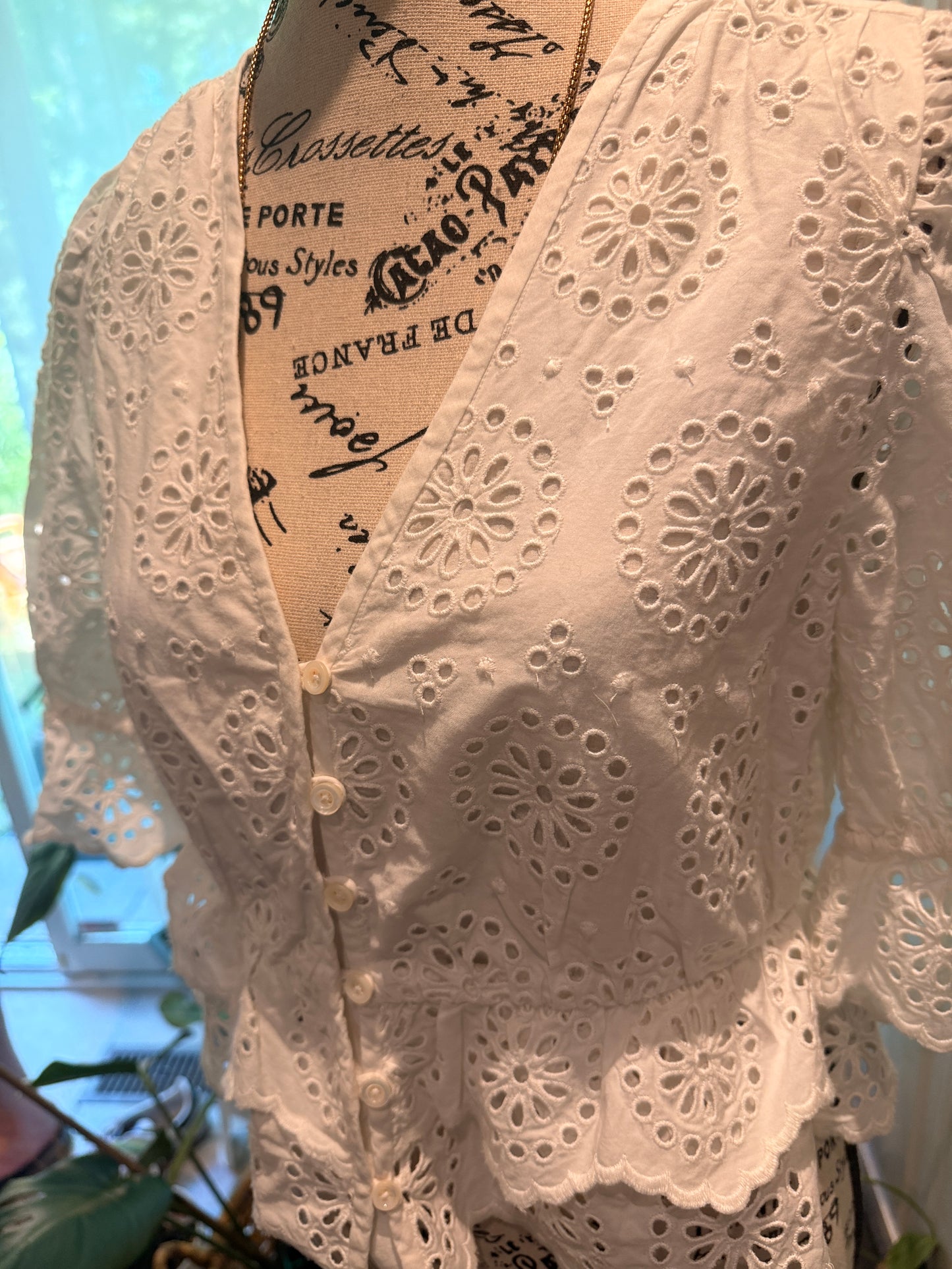 FRAME The Solstice Eyelet Blouse White XS Puff Sleeve Peplum RRP$544