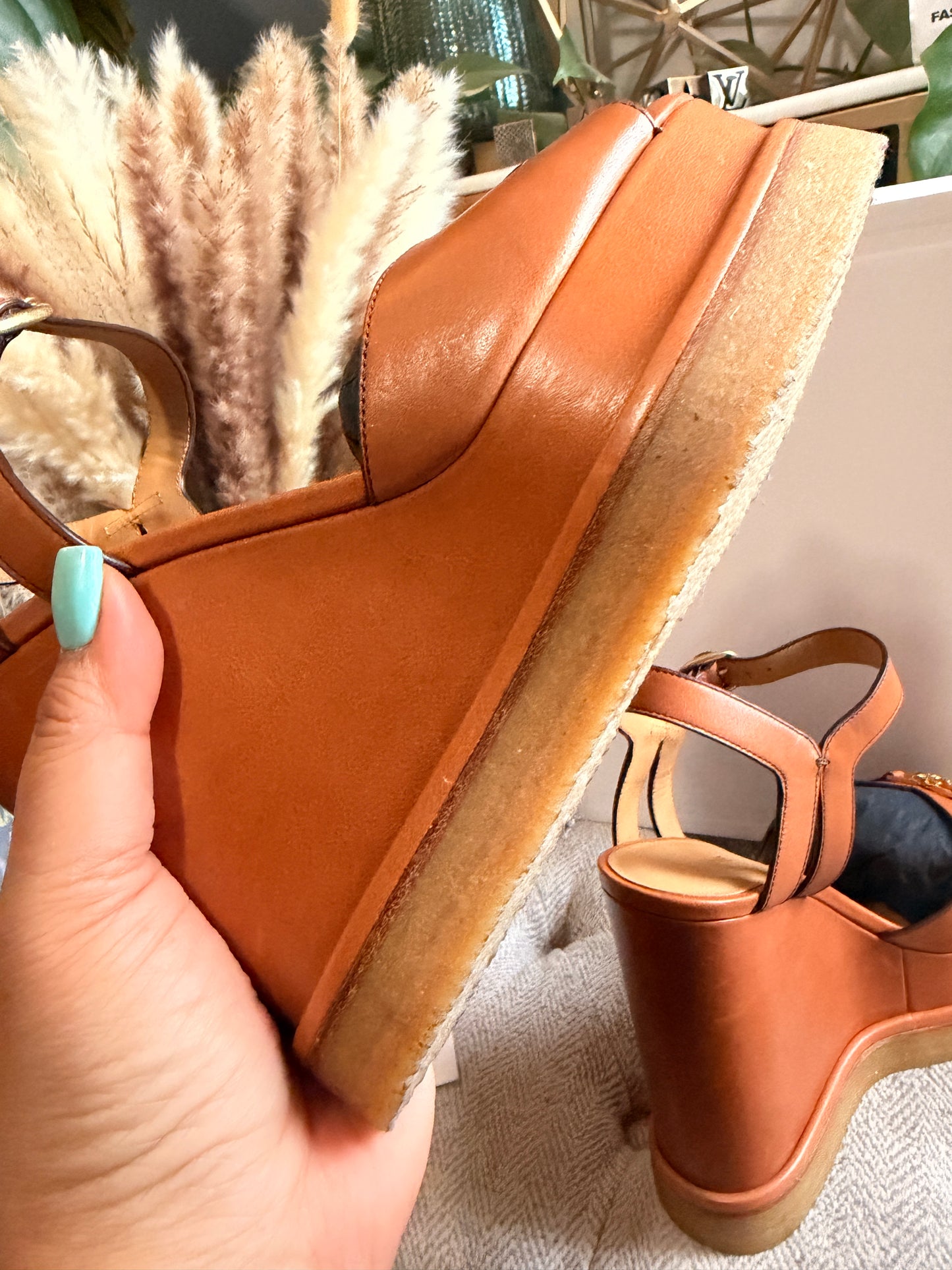 CELINE Triomphe Platform Leather Wedge Sandals