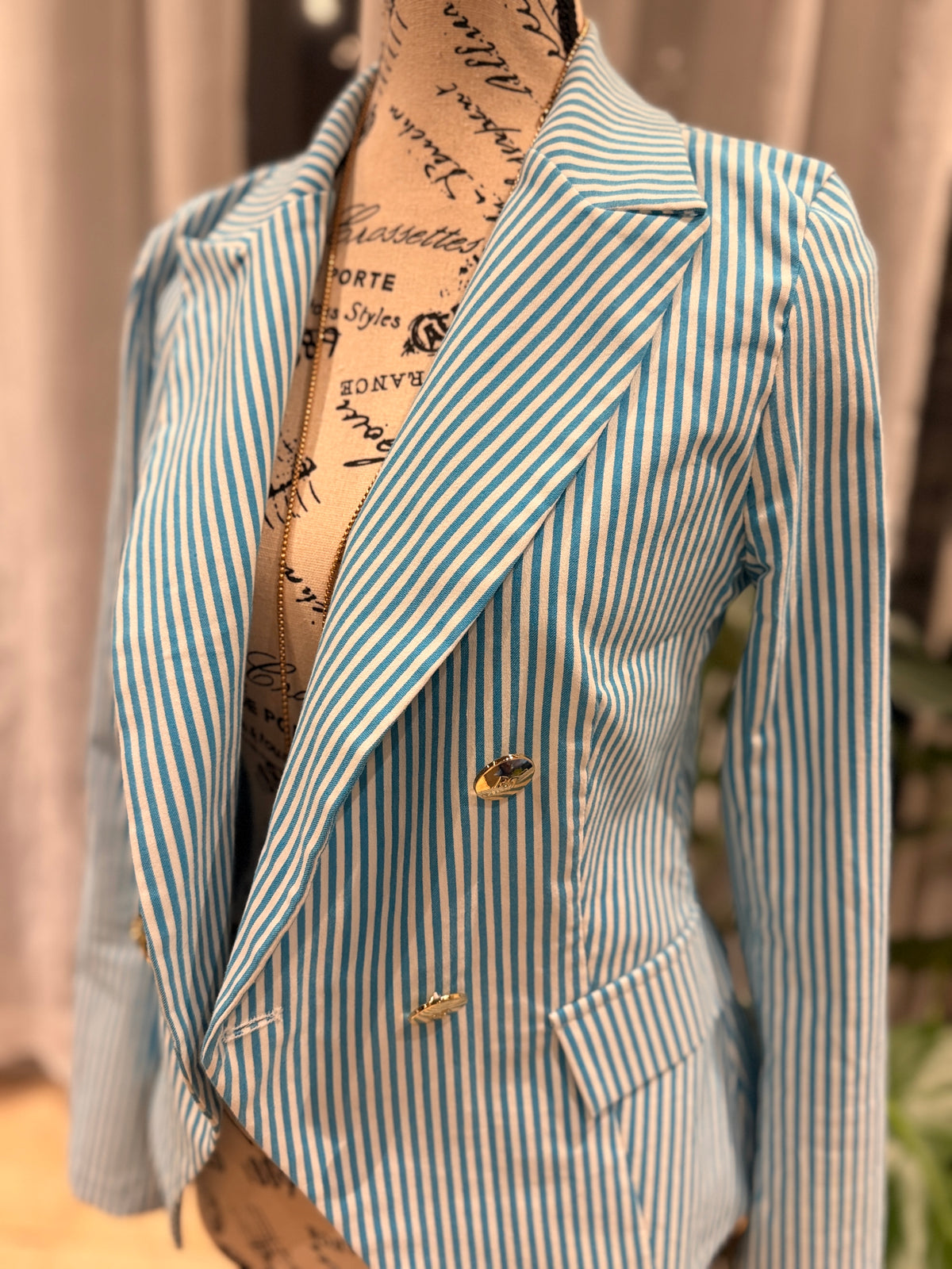 Rinascimento Made in Italy Turquoise Striped Double-Breasted Blazer – Size S