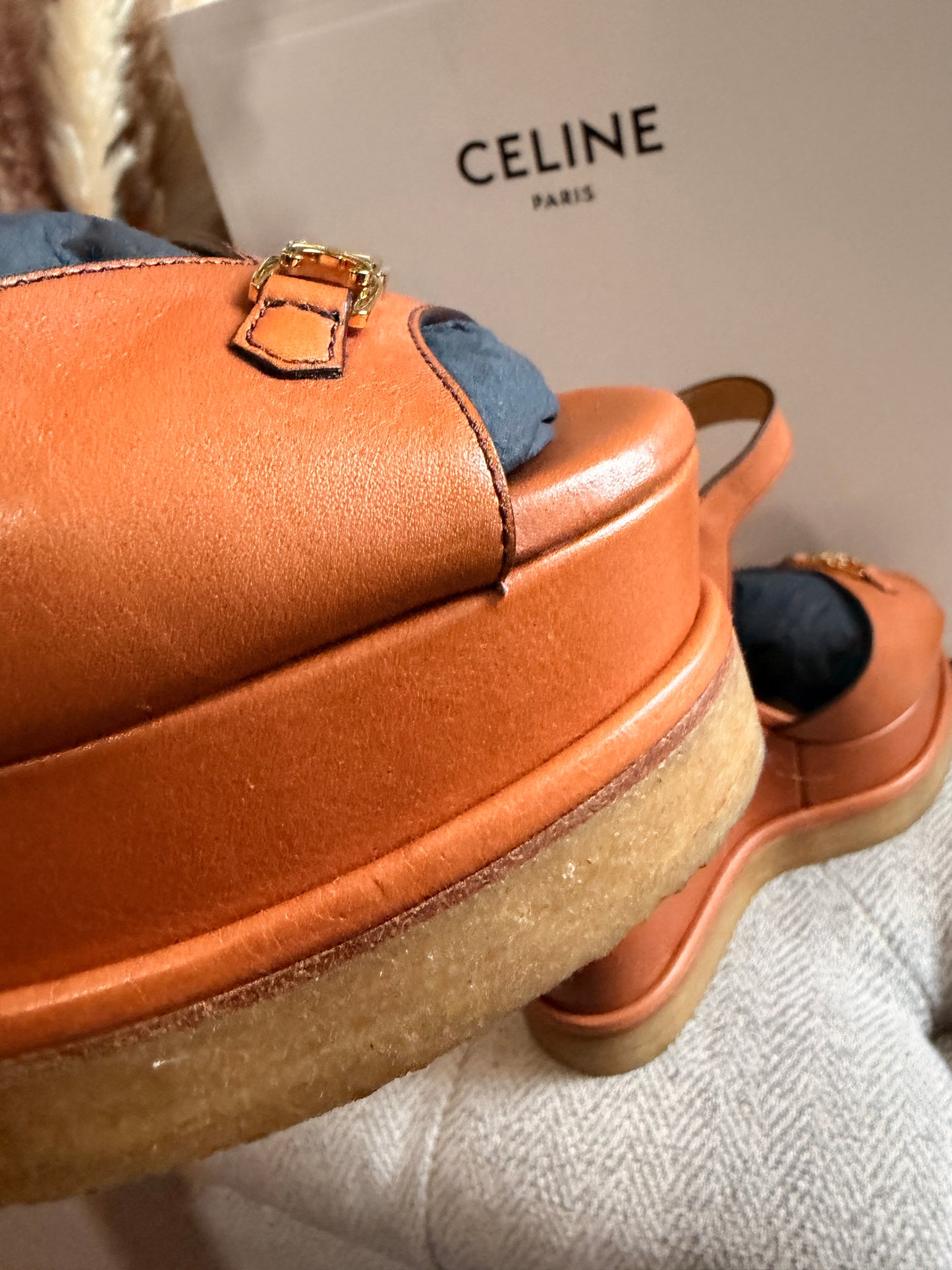 CELINE Triomphe Platform Leather Wedge Sandals