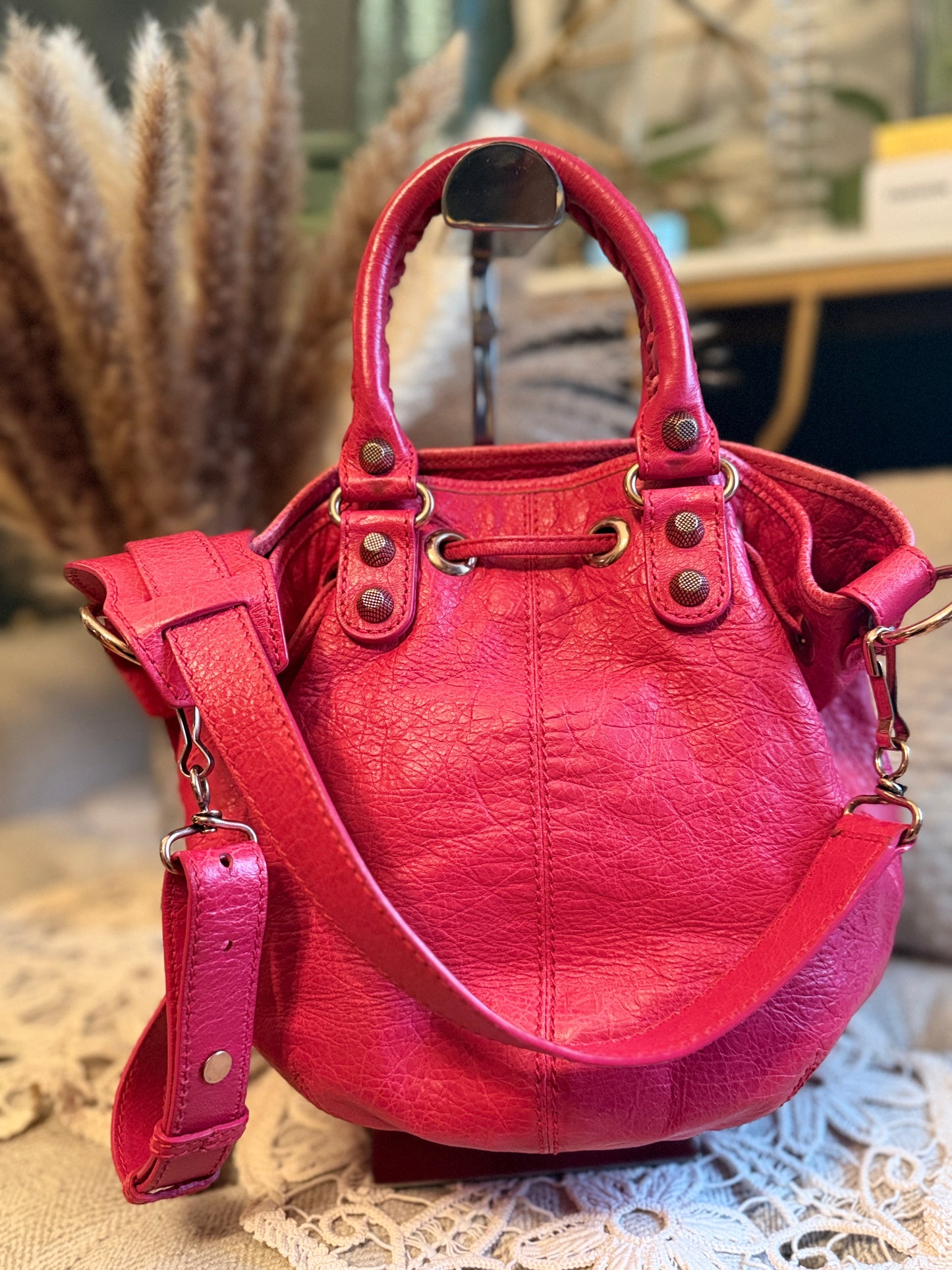 Balenciaga Agneau Giant 12 Rose Gold Hardware Mini Pompon Rose Thulian
