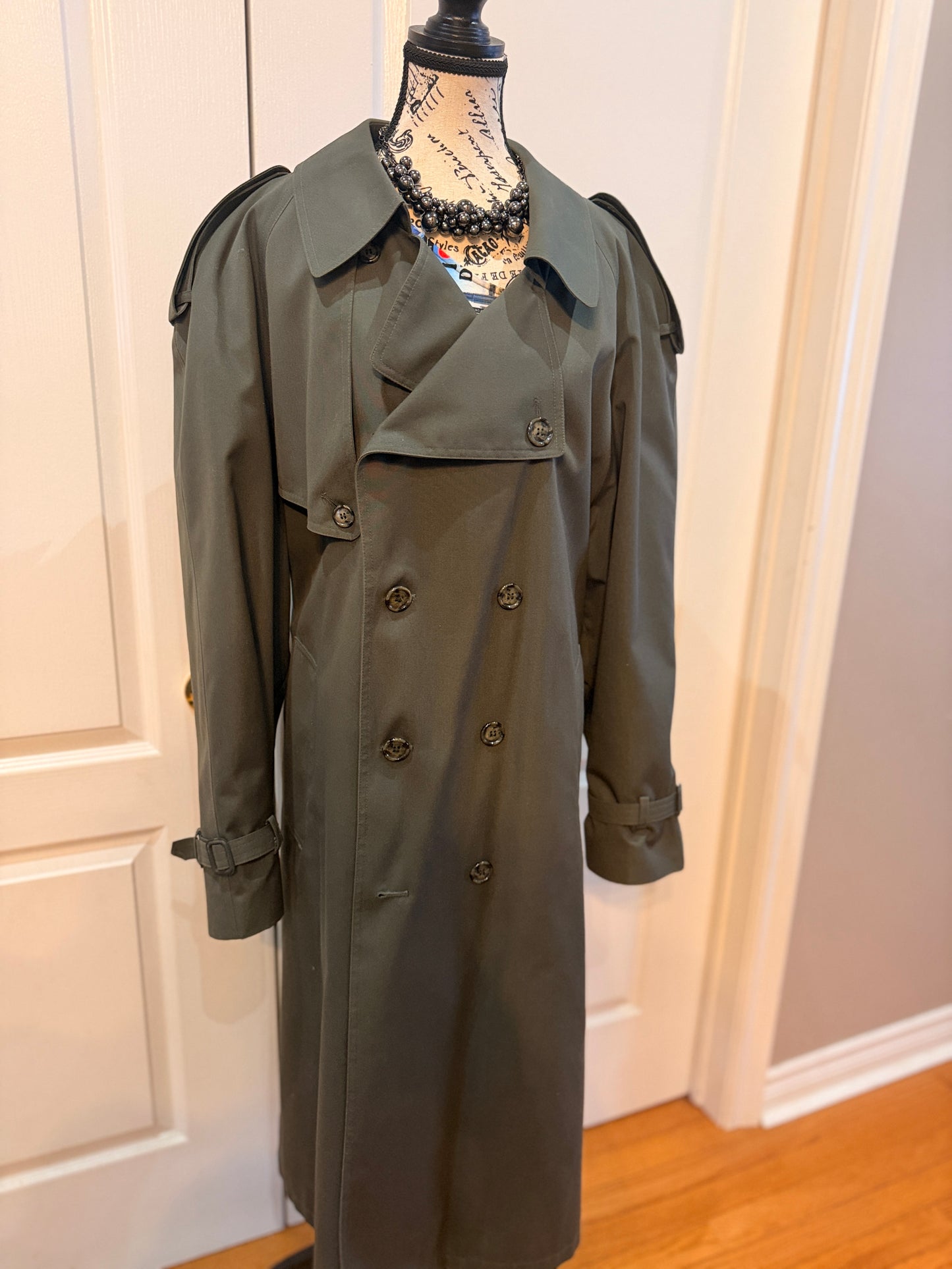 London Fog Vintage Trench Coat 44R w/ Zip-Out Wool Liner – Classic Olive Green