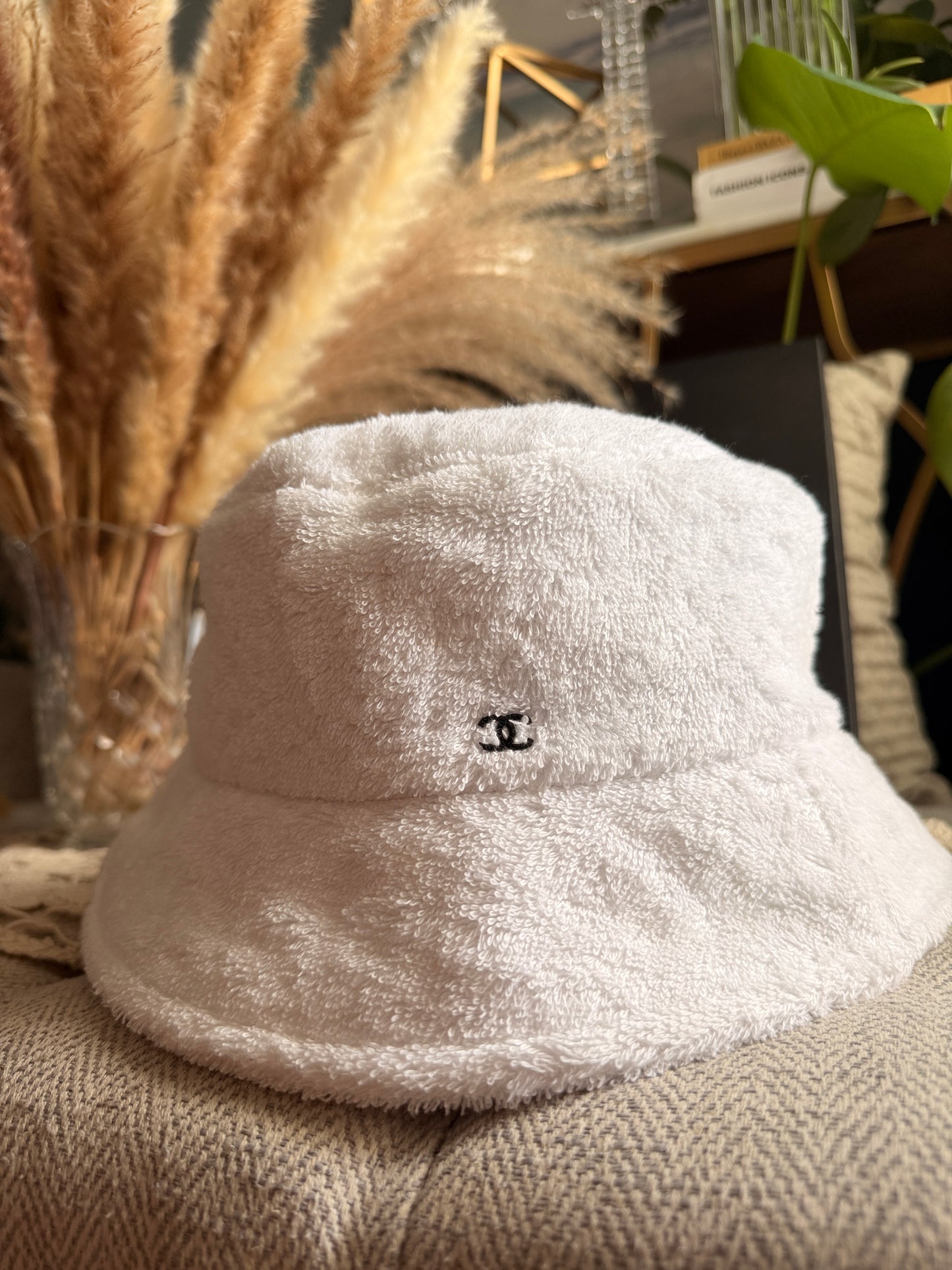 CHANEL 2021 White Terry Cloth CC Bucket Hat Size L