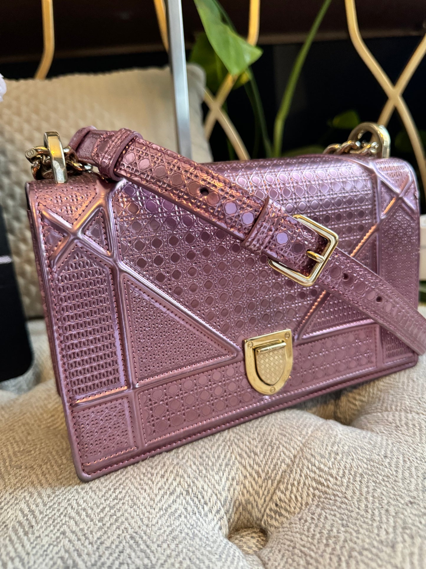 Christian Dior Metallic Pink Leather Micro Cannage Diorama Small Flap Bag